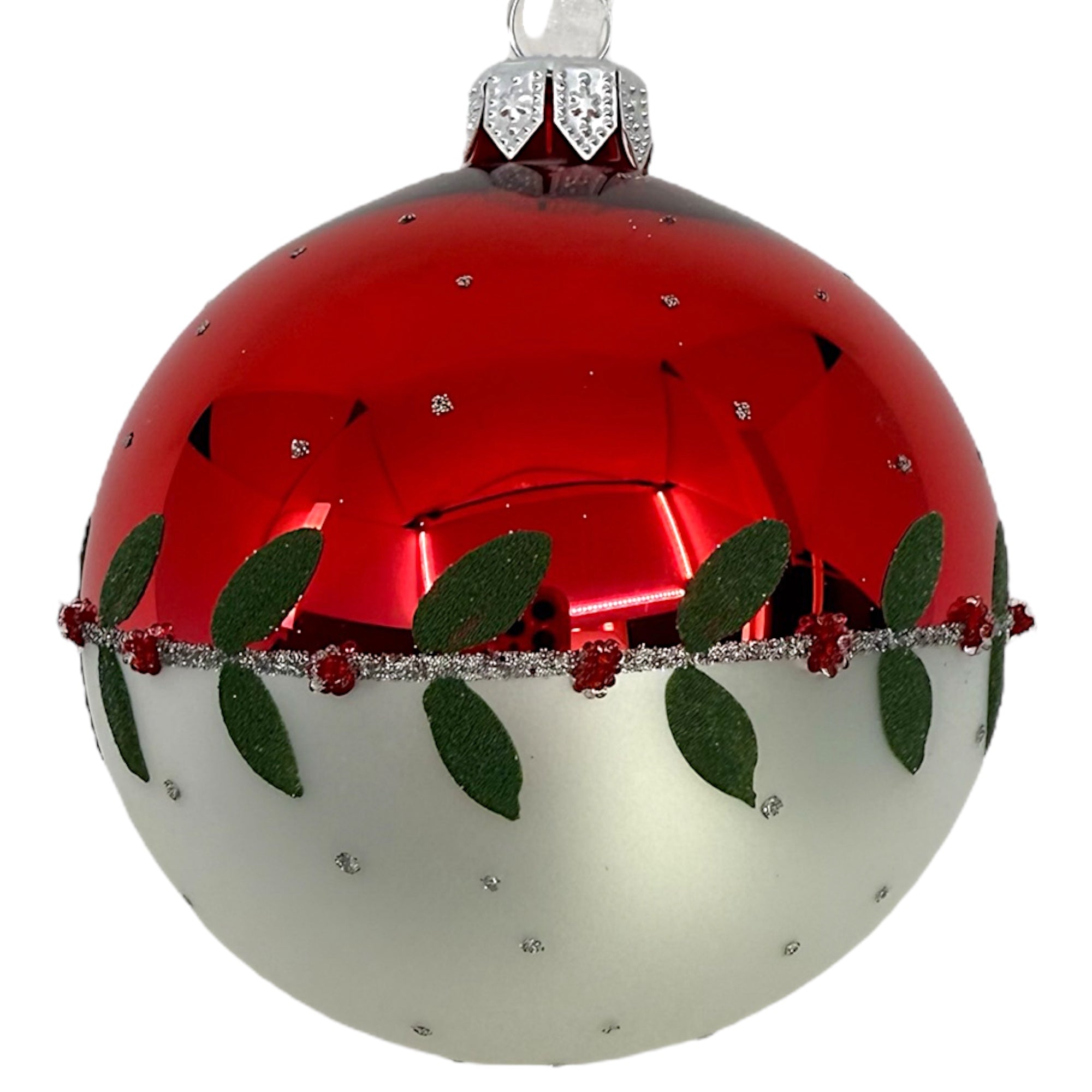 Holly Leaves with Berries Blown Glass Ornament - European Mouth-Blown Ball Holiday Christmas Tree Decoration, Red and White