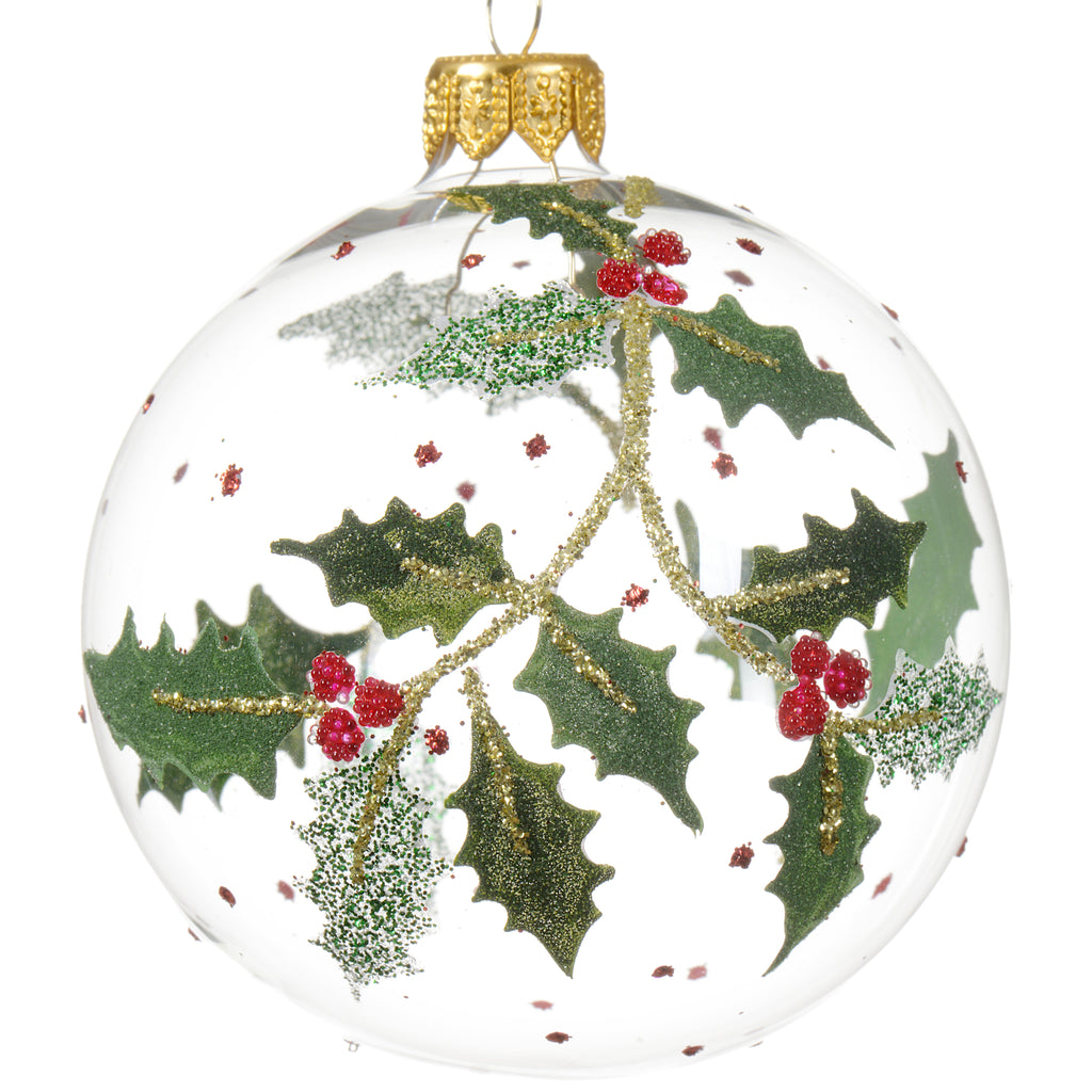 Holly Berries Blown Glass Christmas Decoration Ornament - European Mouth Blown Clear Glass Ball Holiday Christmas Tree Decoration