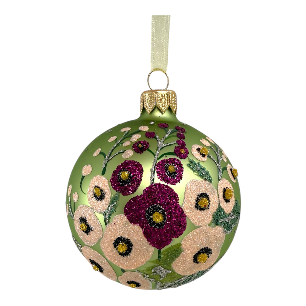 Poppy Glass Ornaments – Set of 2 European Mouth-Blown Glass Ball Holiday Christmas Tree Decoration Flowers, Pink and Green Floral