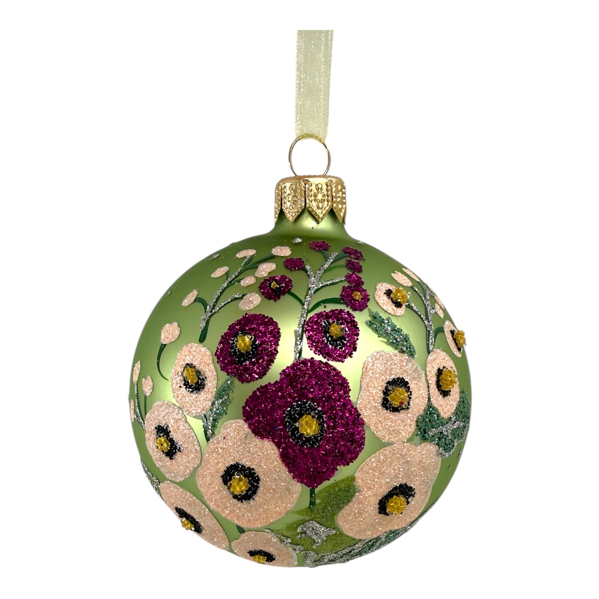 Poppy Glass Ornaments – Set of 2 European Mouth-Blown Glass Ball Holiday Christmas Tree Decoration Flowers, Pink and Green Floral