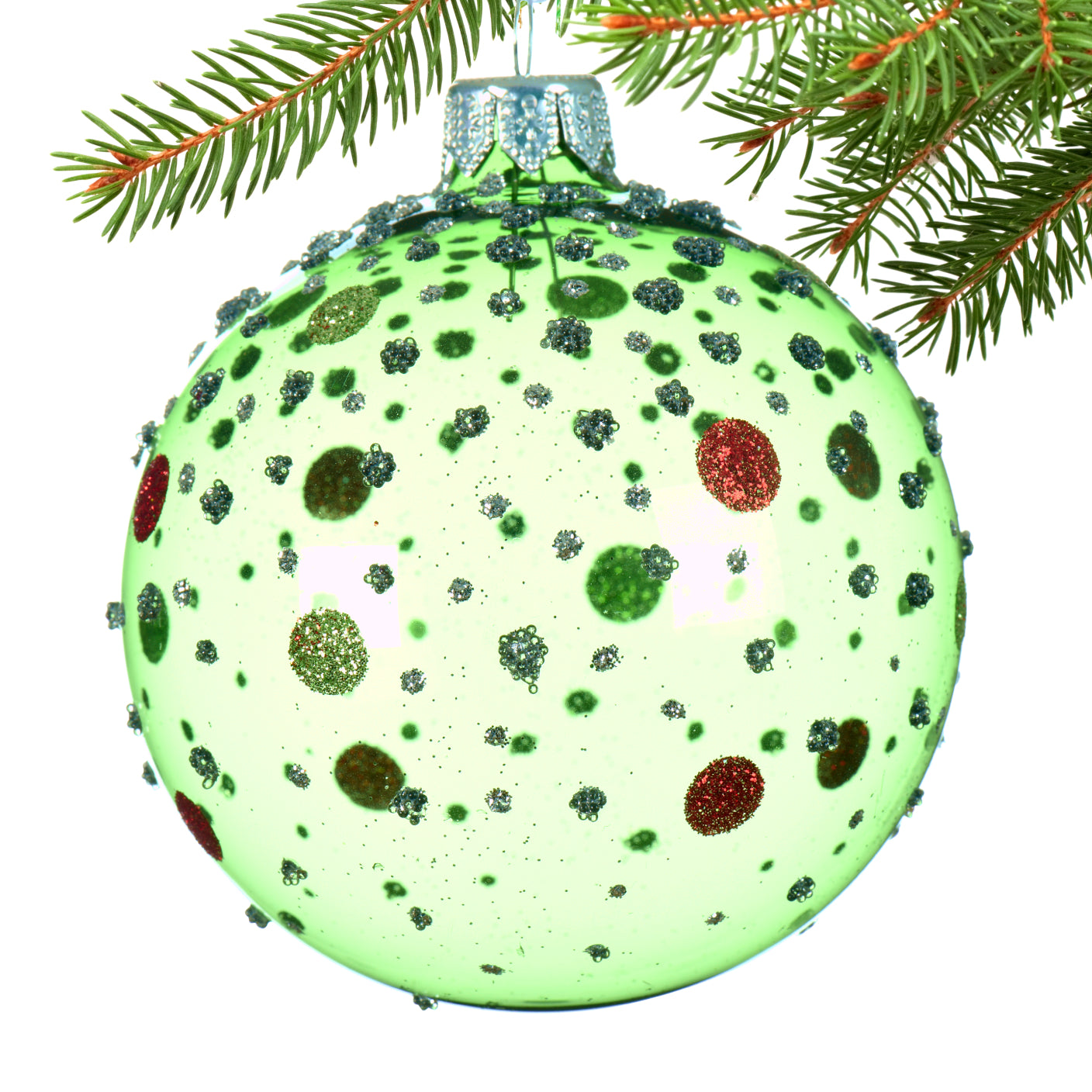 Transparent Glitter Dots Blown Glass Ornaments - Set of 3 Red, Green, and Clear