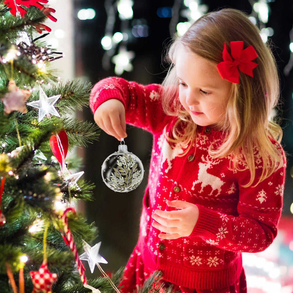 Eucalyptus Blown Glass Ornament – European Mouth-Blown Clear Glass Ball Holiday Christmas Tree Decoration