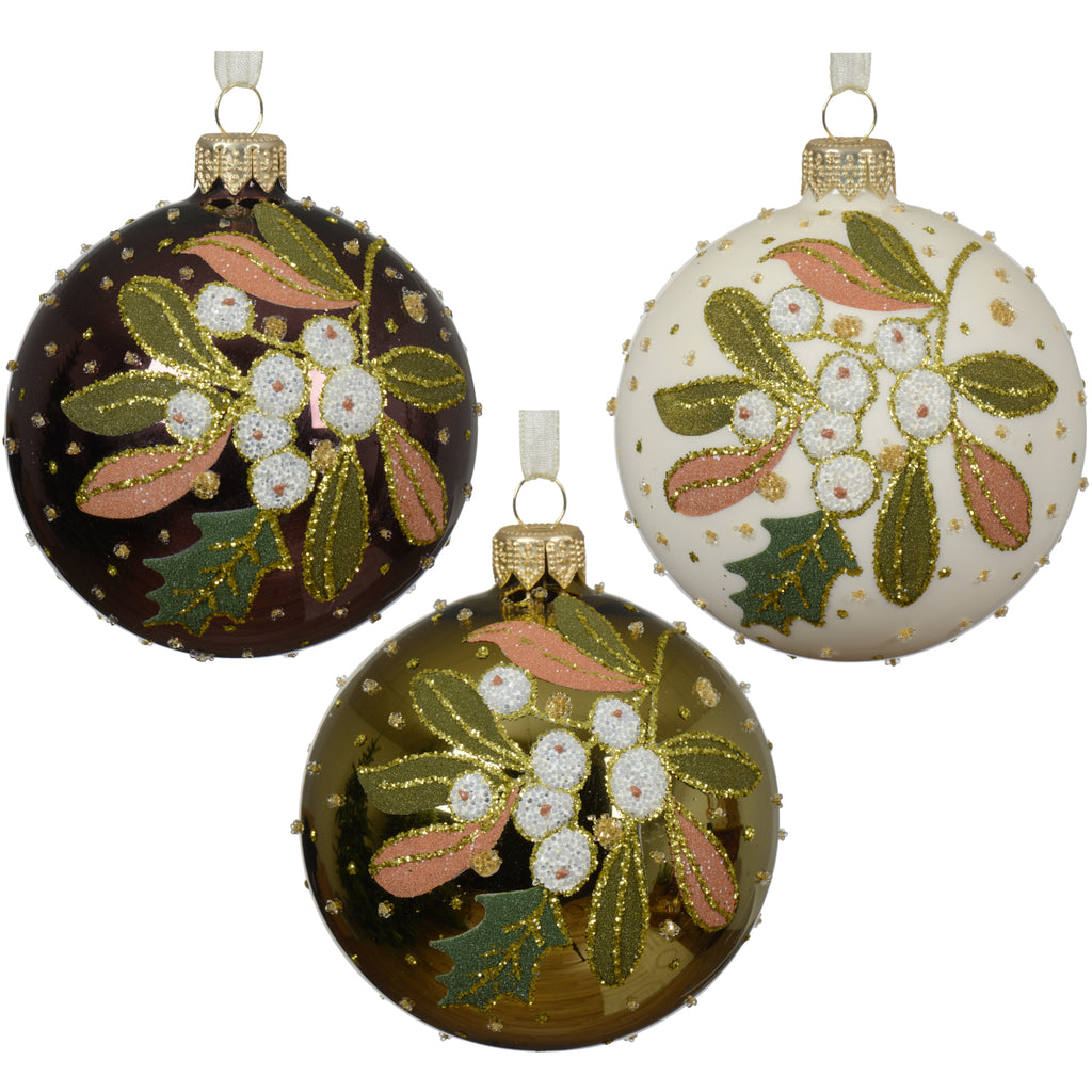 Mistletoe Blown Glass Ornaments – European Mouth-Blown Glass Balls Set of 3 Forest Green, White and Olive Green