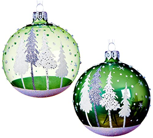Green Forest Blown Glass Ornaments - Set of 2 Glass Balls with Pine Trees