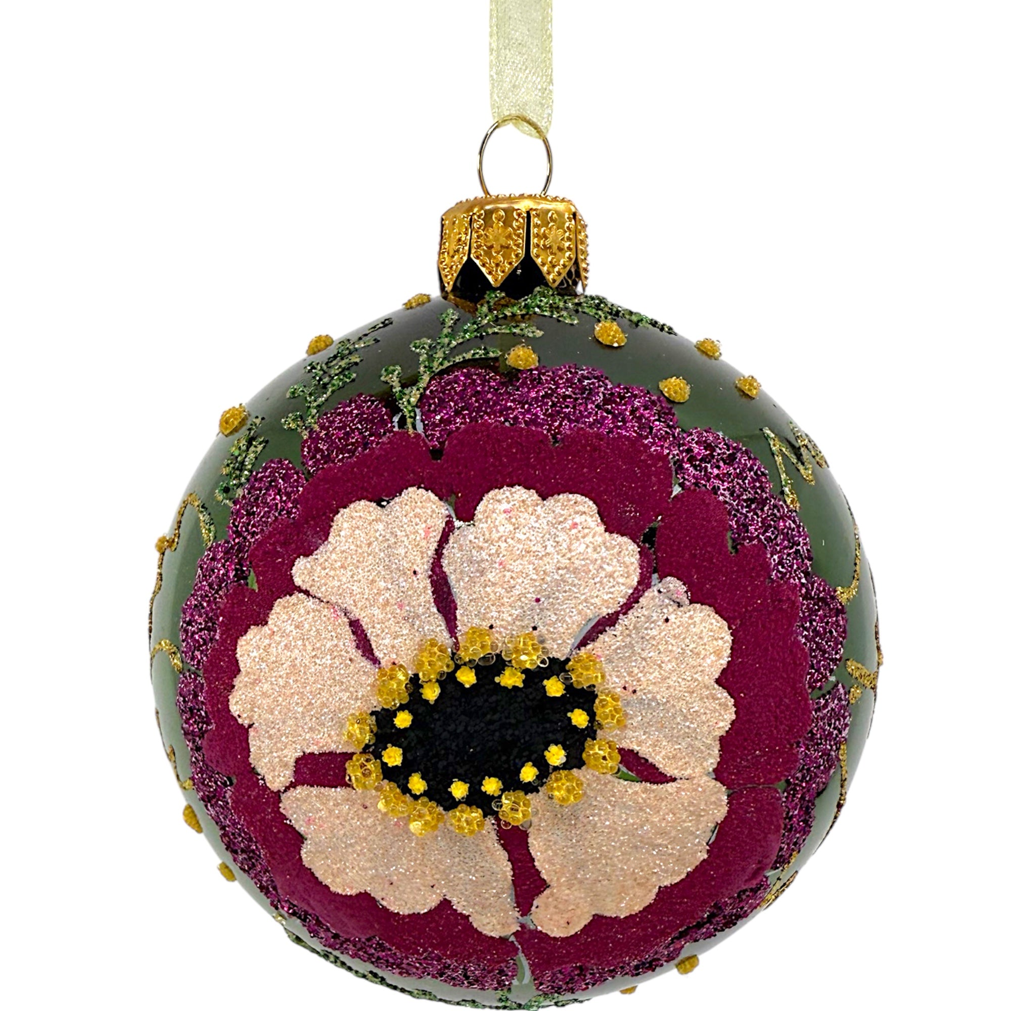 Poppy Glass Ornaments – Set of 2 European Mouth-Blown Bauble Ball Holiday Christmas Tree Decoration, Green, Purple, Pink