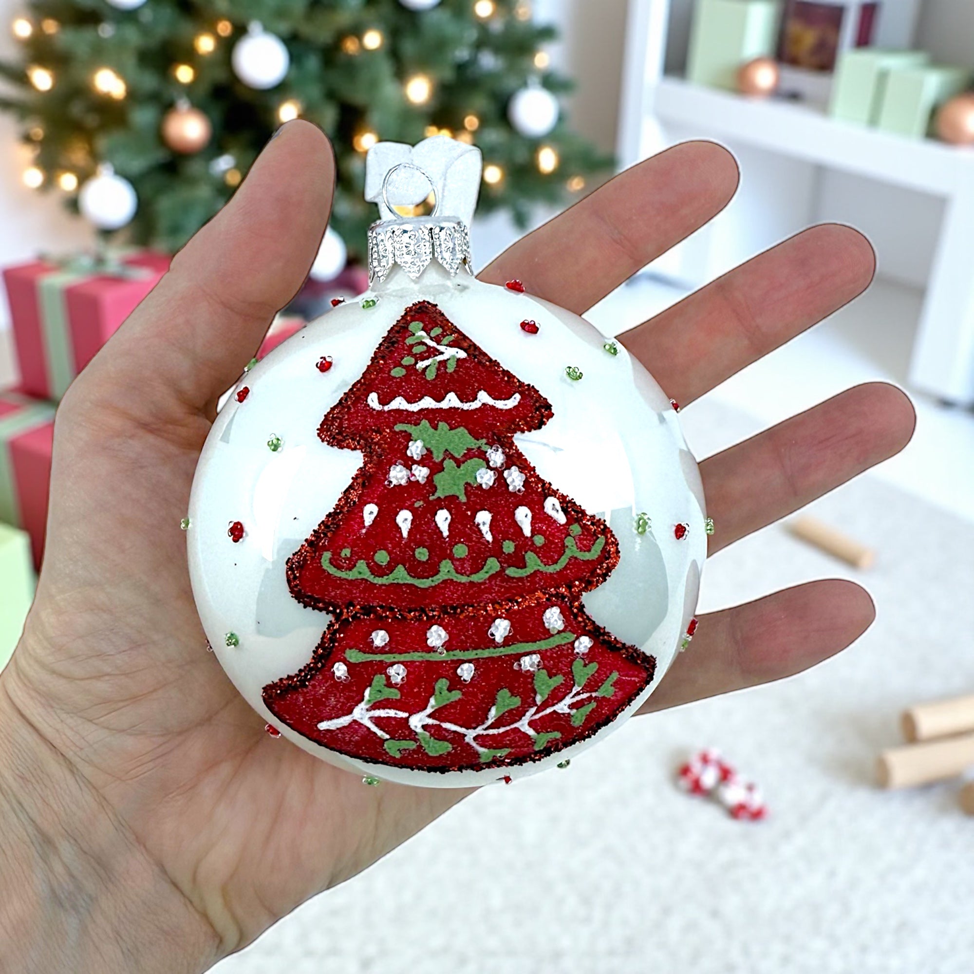 Folk Art Blown Glass Ornaments – Set of 2 European Bauble Ball Holiday Christmas Tree Decoration, Red and White
