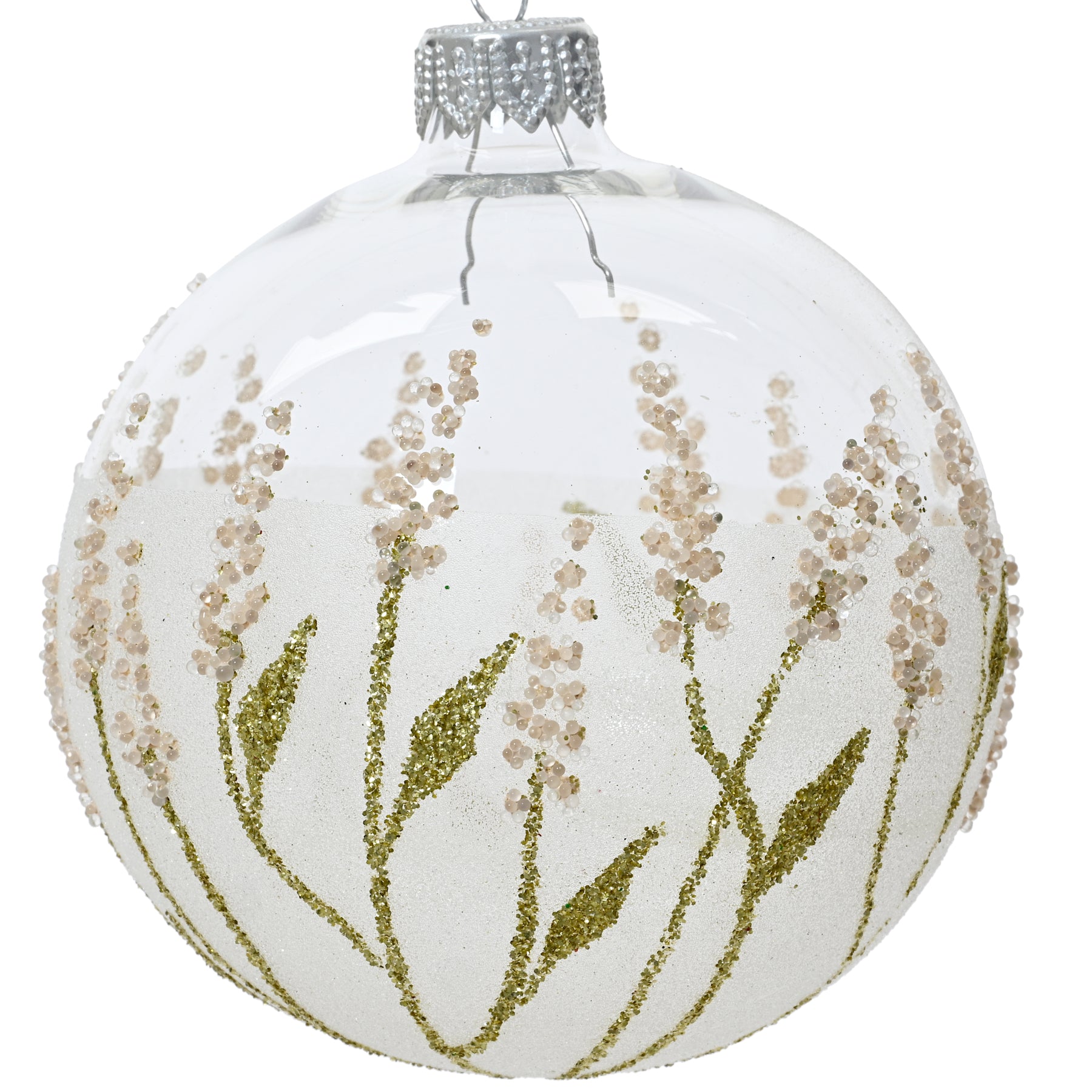 Pink Blossoms Blown Glass Ornament - European Mouth Blown Clear Glass Ball