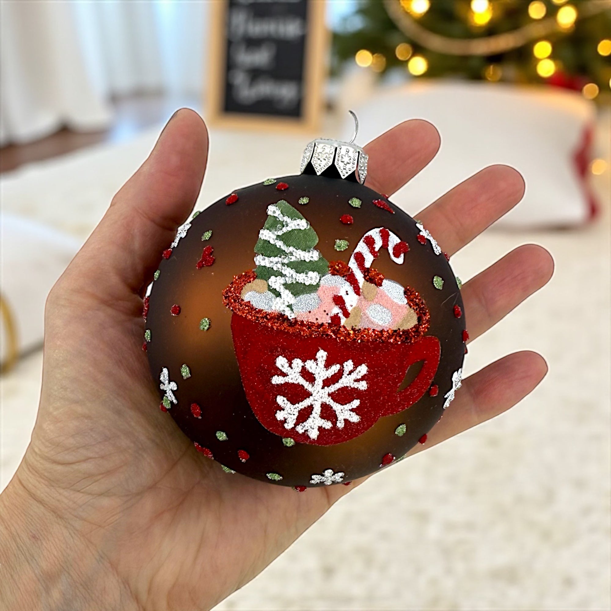 Hot Chocolate Glass Ornaments – Set of 2 European Mouth-Blown Bauble Ball Holiday Christmas Tree Decoration, Brown and White