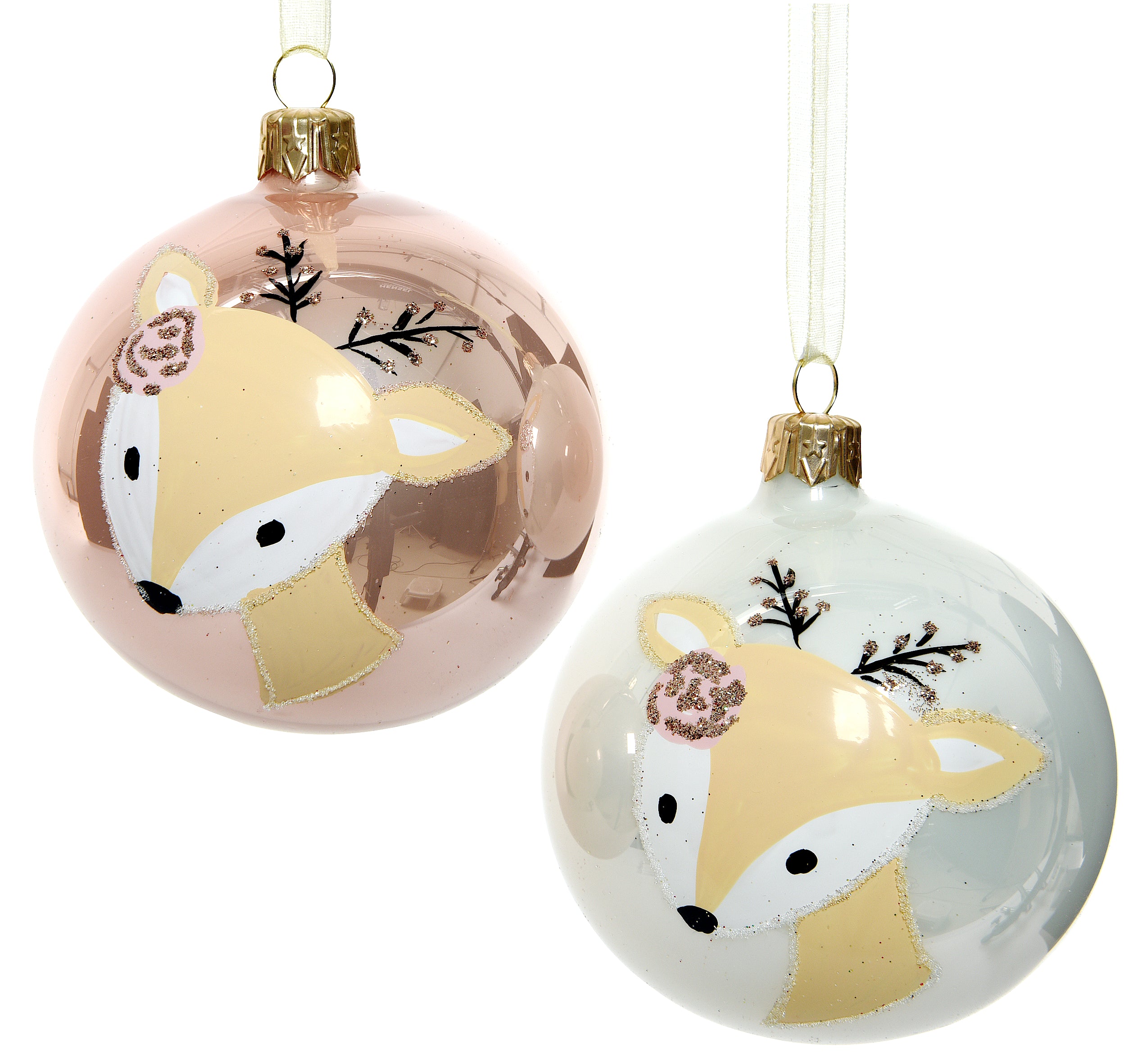 Deer Blown Glass Ornaments - Set of 2 Pink and White Glass Balls