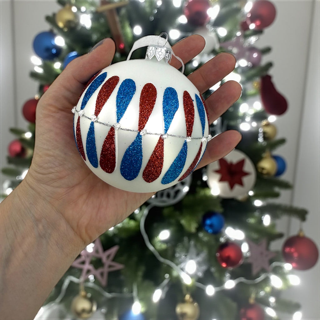 Retro Blown Glass Ornament - European Mouth-Blown Ball Holiday Christmas Tree Decoration, Red, Blue and White