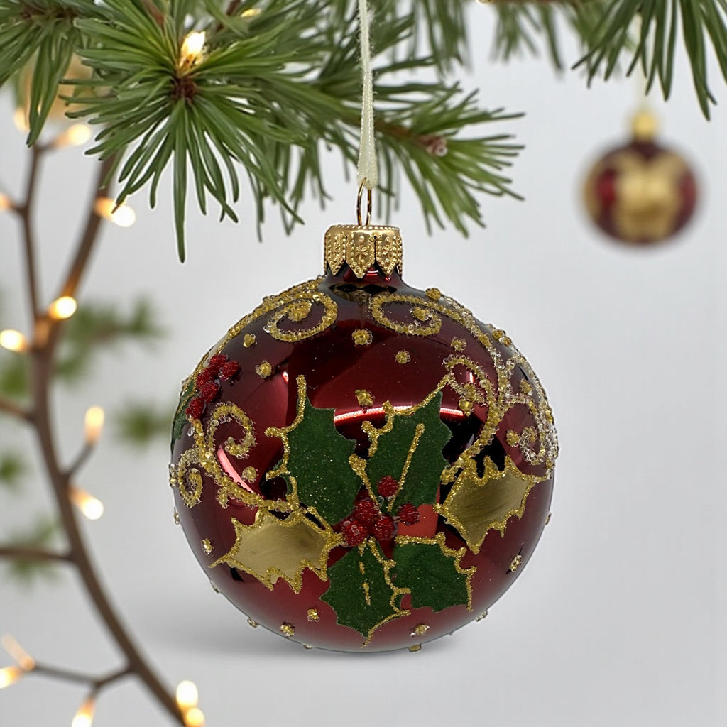 Holly Leaves and Berries Ornament - European Mouth-Blown Glass Ball Holiday Christmas Tree Decoration, Dark Red