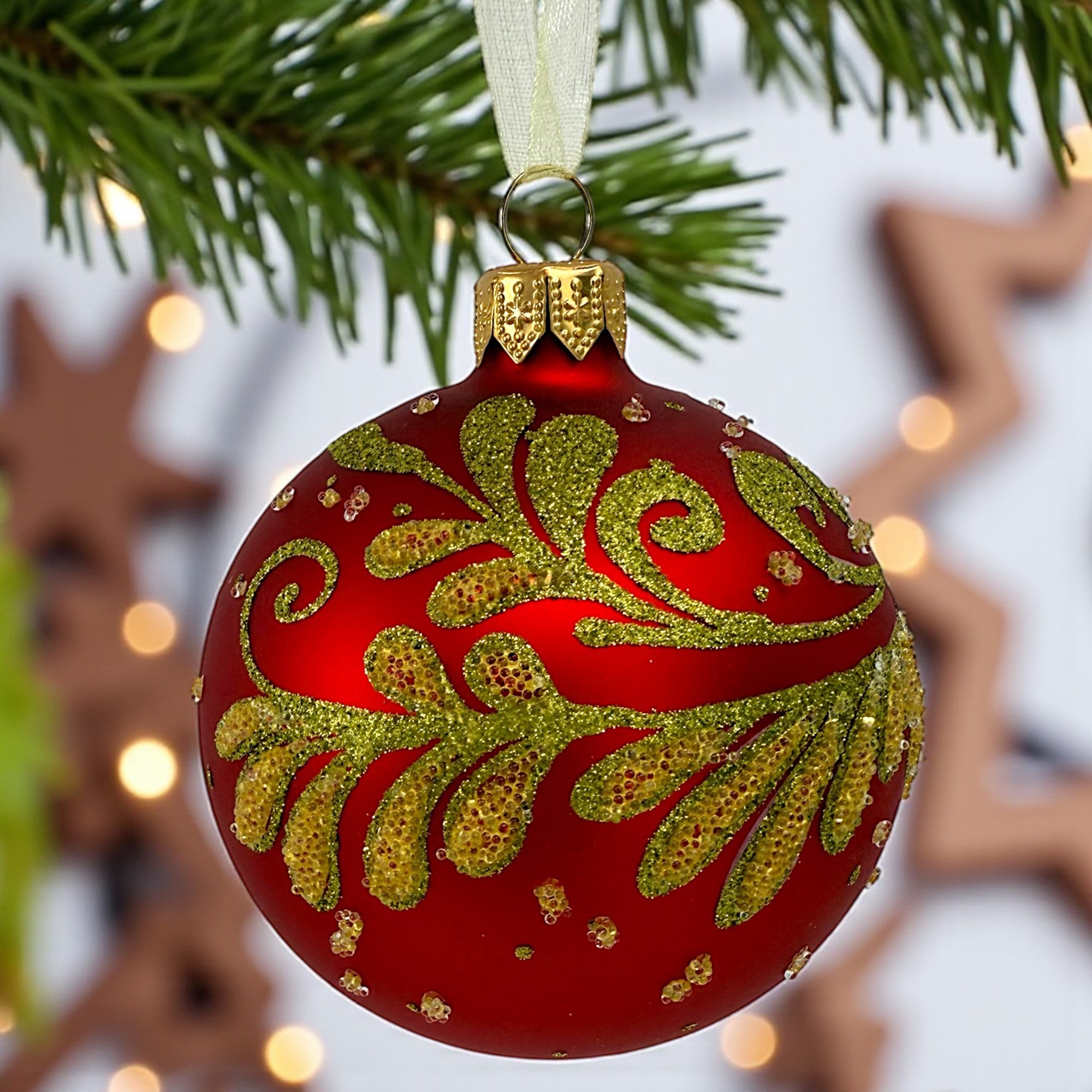 Swirl Blown Glass Ornament - European Mouth Blown Ball Holiday Christmas Tree Decoration, Red, Gold Leaves and Swirl Design