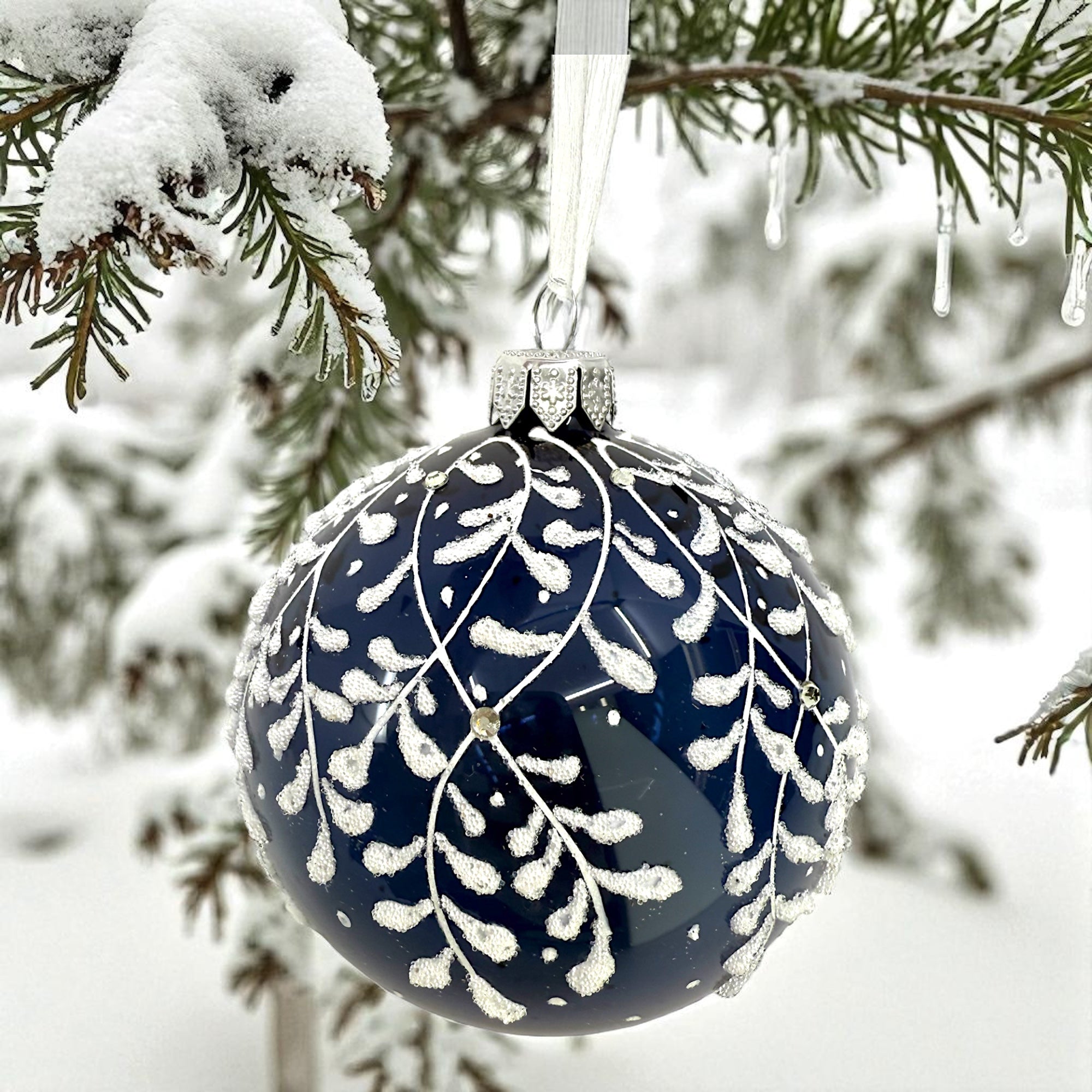 Blue Leaf Design Glass Ornament - European Mouth Blown Ball Holiday Christmas Tree Decoration