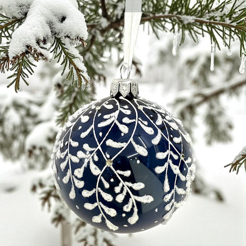 Blue Leaf Design Glass Ornament - European Mouth Blown Ball Holiday Christmas Tree Decoration