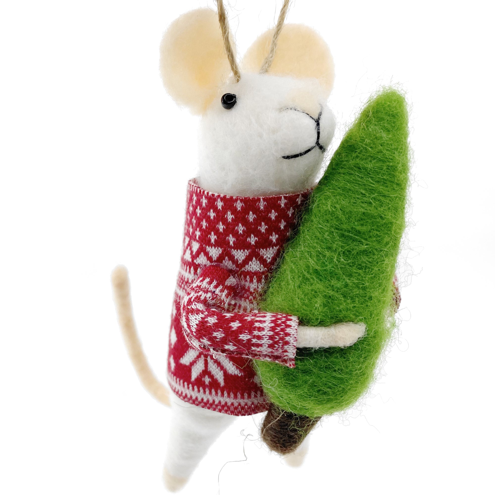 White Mouse Ornament - Wool Mouse in Red Sweater Holding Christmas Tree Ornament Holiday Decoration