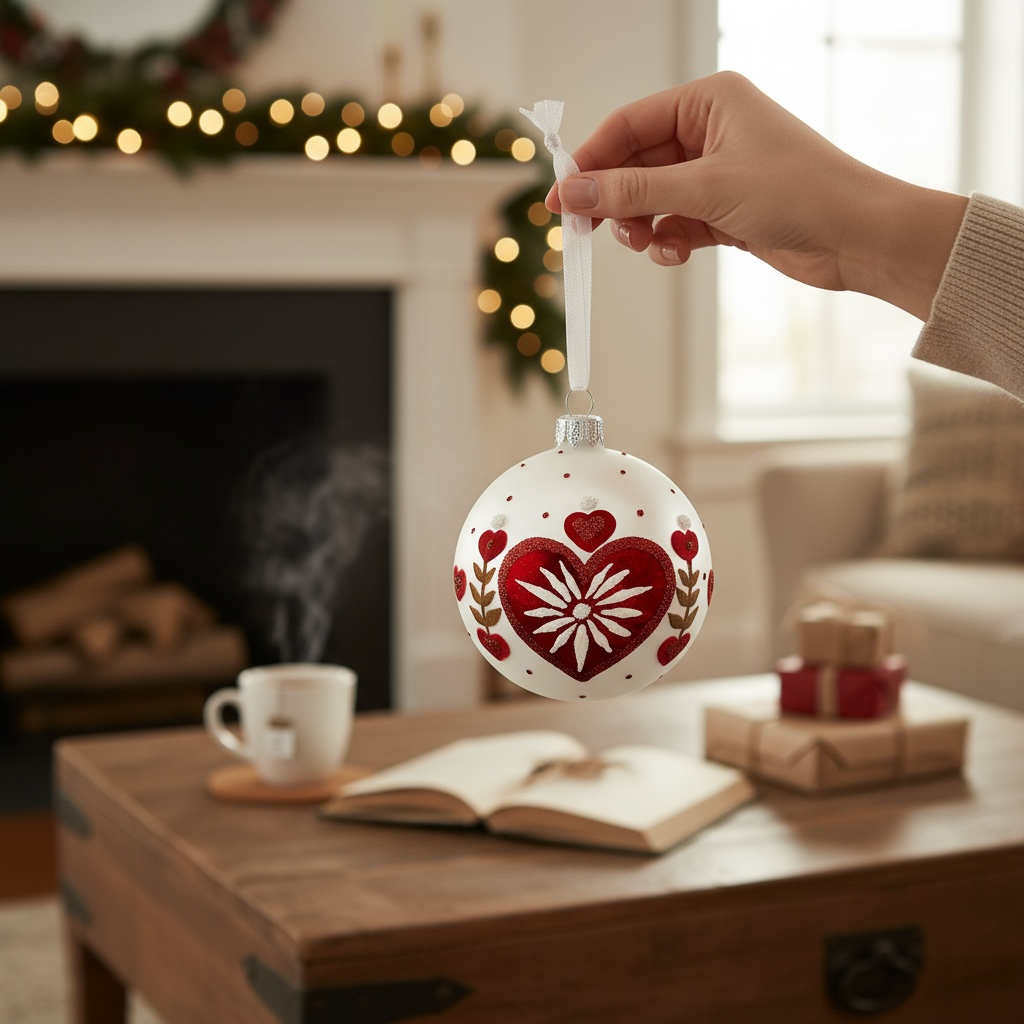 Heart Blown Glass Ornament - European Mouth Blown Ball Holiday Christmas Tree Decoration, Folk Art Design, Red and White