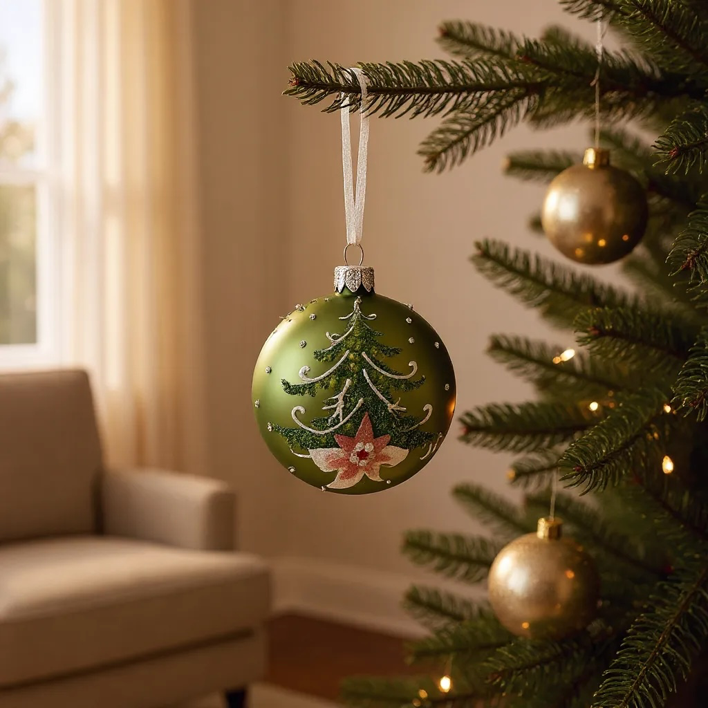 Pine Tree Blown Glass Ornaments - Set of 2 European Mouth-Blown Bauble Ball Holiday Christmas Tree Decorations, Green and Gold