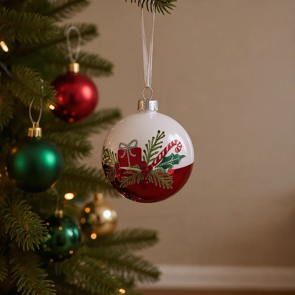 Pine Sprigs and Presents Blown Glass Ornaments – Set of 2 European Ball Bauble Holiday Christmas Tree Decoration, Red, White