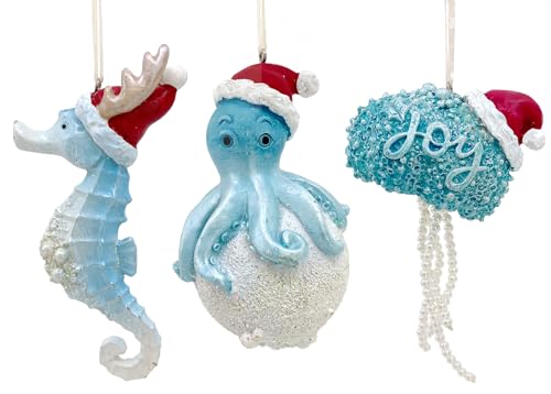 Coastal Christmas Ornaments - Seahorse, Jellyfish, Octopus Holiday Beach Tree Decorations, Set of 3