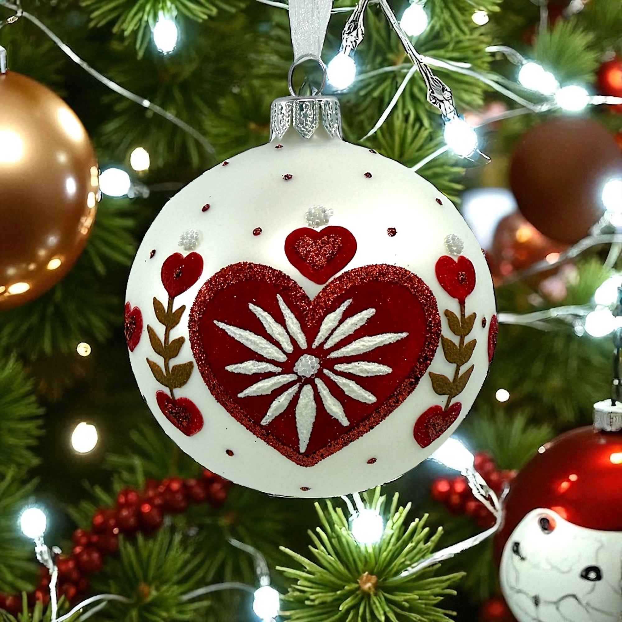 Heart Blown Glass Ornament - European Mouth Blown Ball Holiday Christmas Tree Decoration, Folk Art Design, Red and White