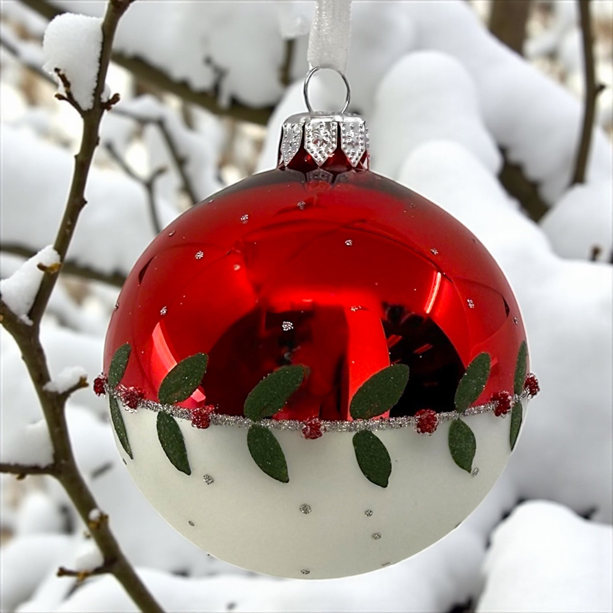 Holly Leaves with Berries Blown Glass Ornament - European Mouth-Blown Ball Holiday Christmas Tree Decoration, Red and White