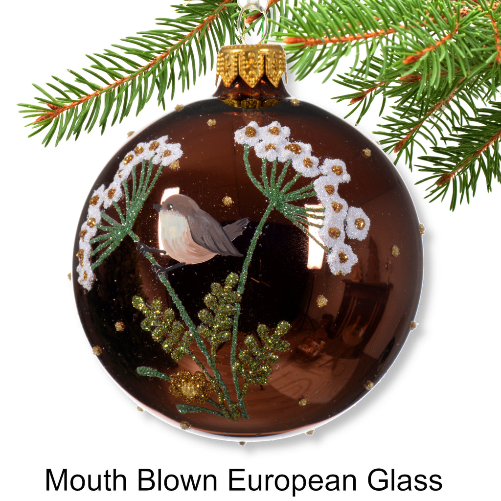 Finch Blown Glass Ornaments - European Mouth-Blown Bird Glass Balls, Set of 2 White and Brown