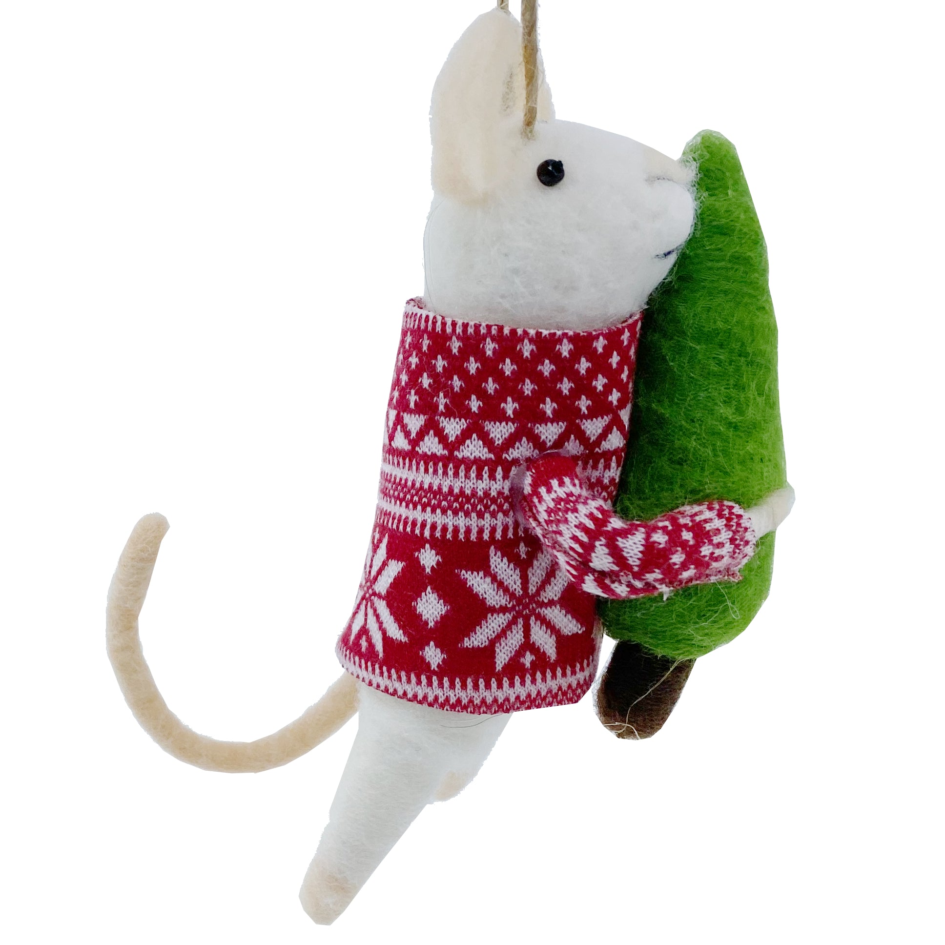 White Mouse Ornament - Wool Mouse in Red Sweater Holding Christmas Tree Ornament Holiday Decoration