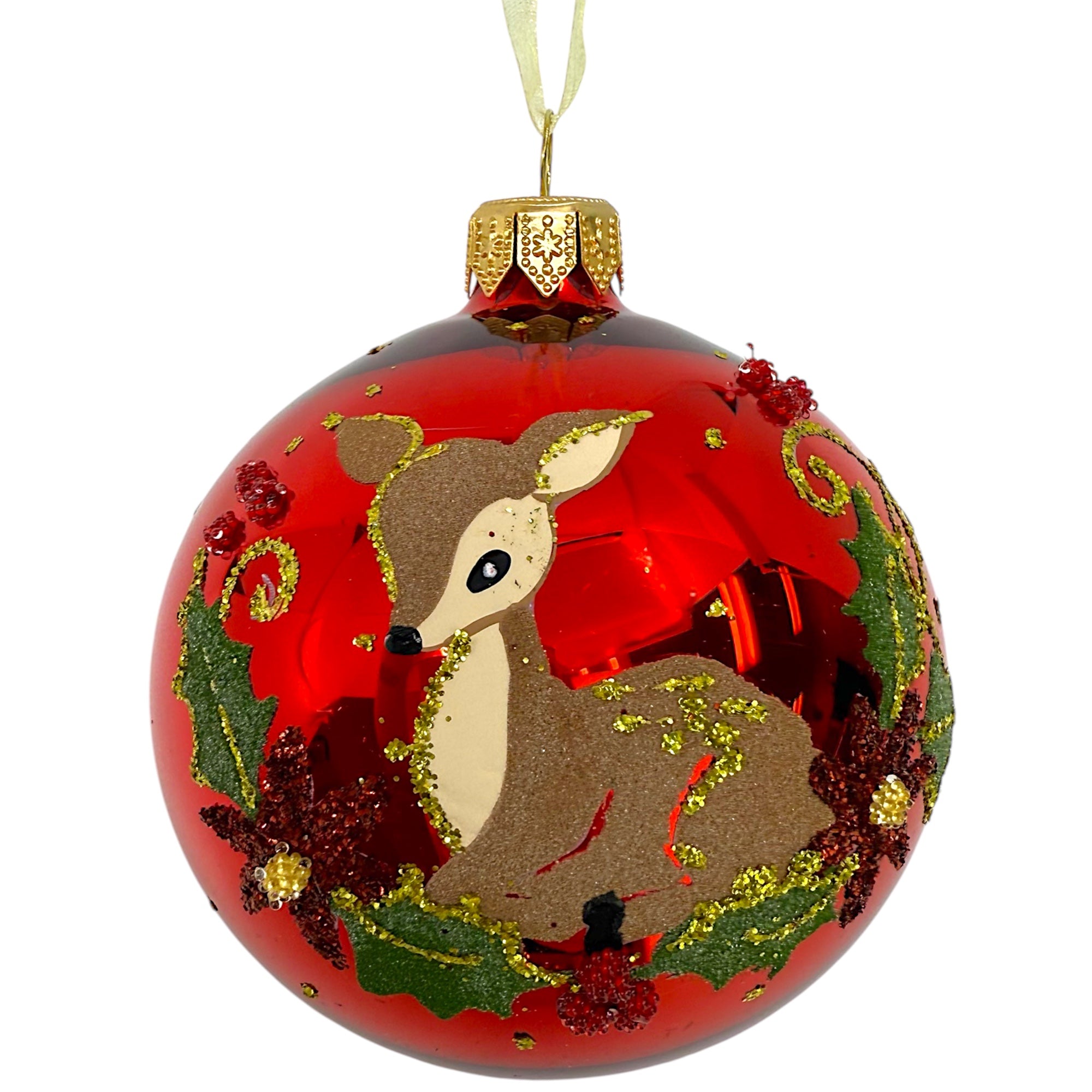 Fawn Holly and Berries Blown Glass Ornaments – Set of 2 European Mouth-Blown Baby Deer Ball Holiday Christmas Tree Decoration, Red and Green