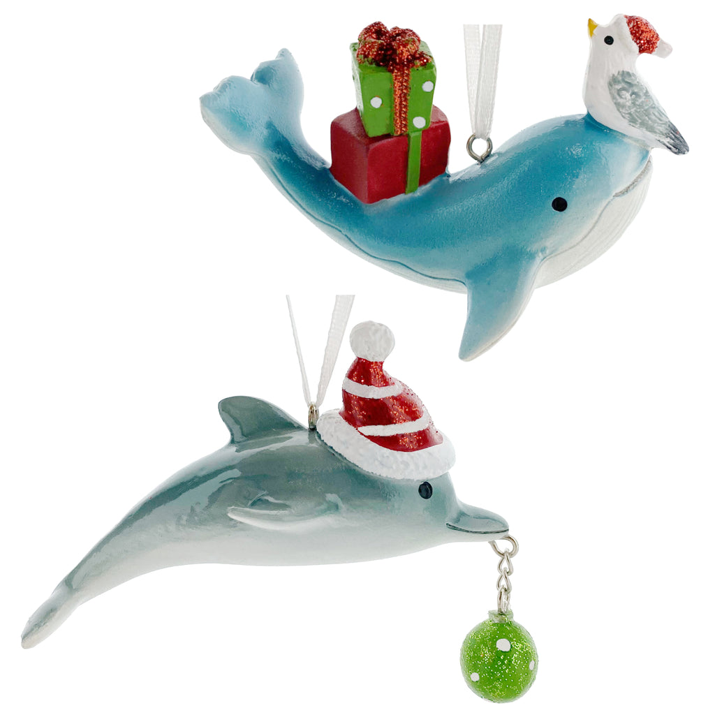Whale Dolphin Ornaments - Coastal Beach Santa Hat Holiday Marine Animal Holiday Tree Decorations, Set of 2