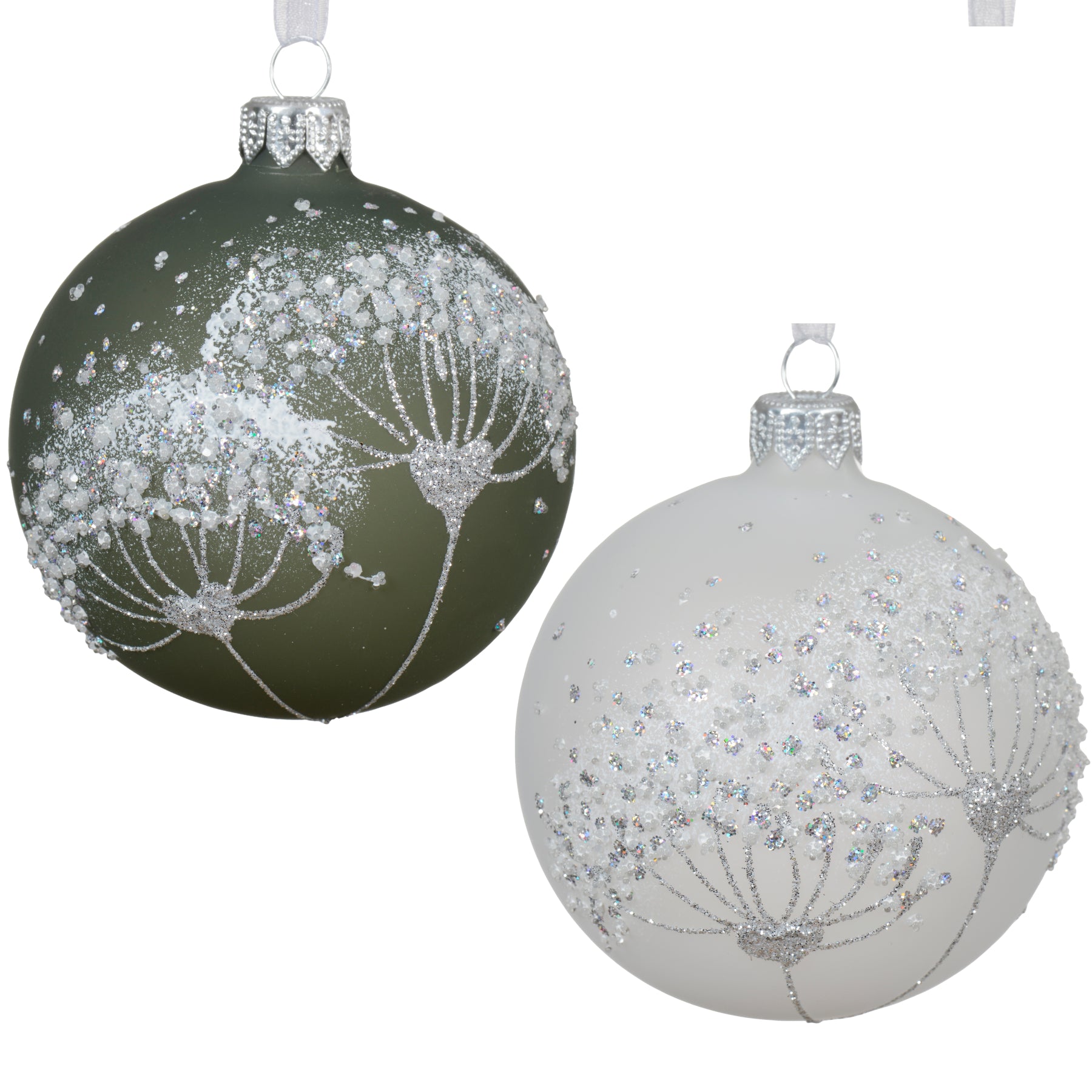 Milkweed Blown Glass Ornaments - Set of 2 Frosted White and Sage Green European Glass Balls
