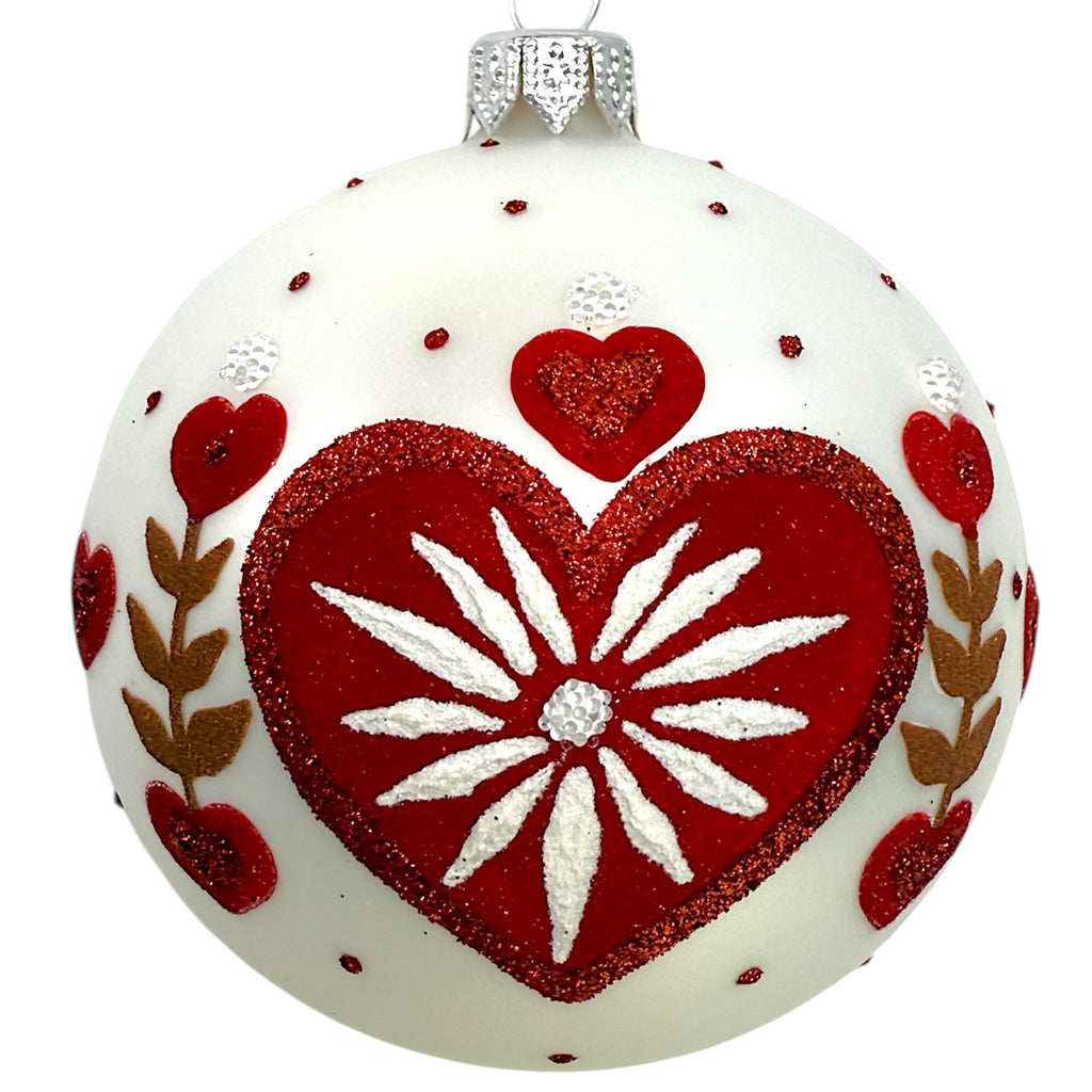 Heart Blown Glass Ornament - European Mouth Blown Ball Holiday Christmas Tree Decoration, Folk Art Design, Red and White