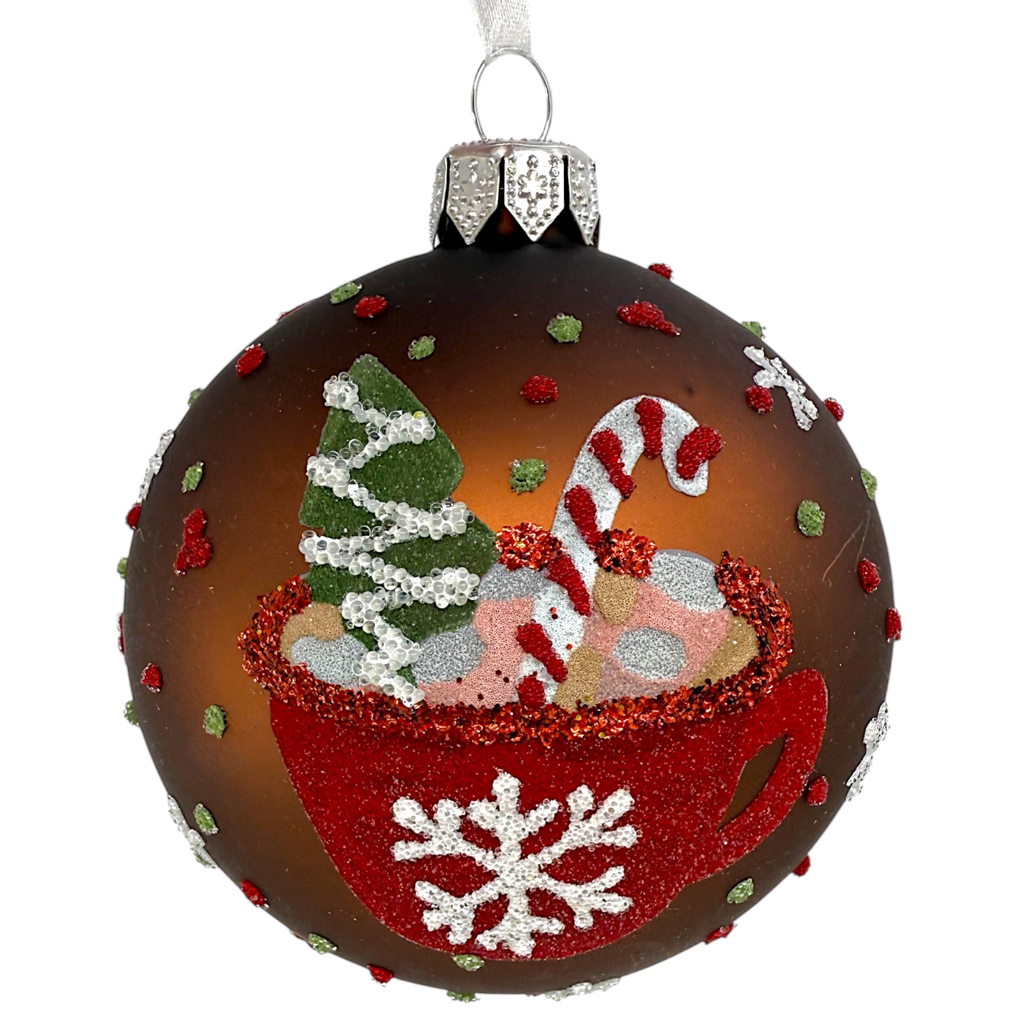 Hot Chocolate Glass Ornaments – Set of 2 European Mouth-Blown Bauble Ball Holiday Christmas Tree Decoration, Brown and White