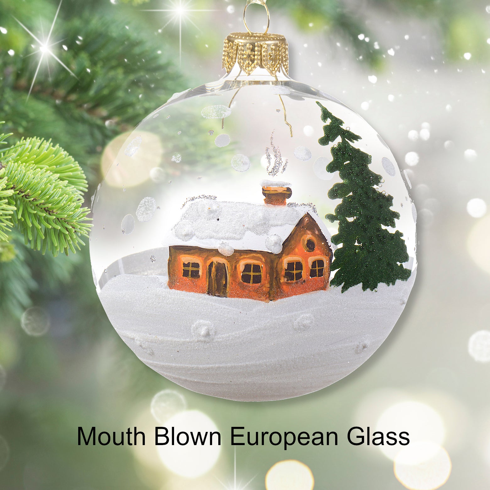 Snowy Cottage Blown Glass Ornament - European Mouth-Blown Glass Ball Winter Cabin Scene