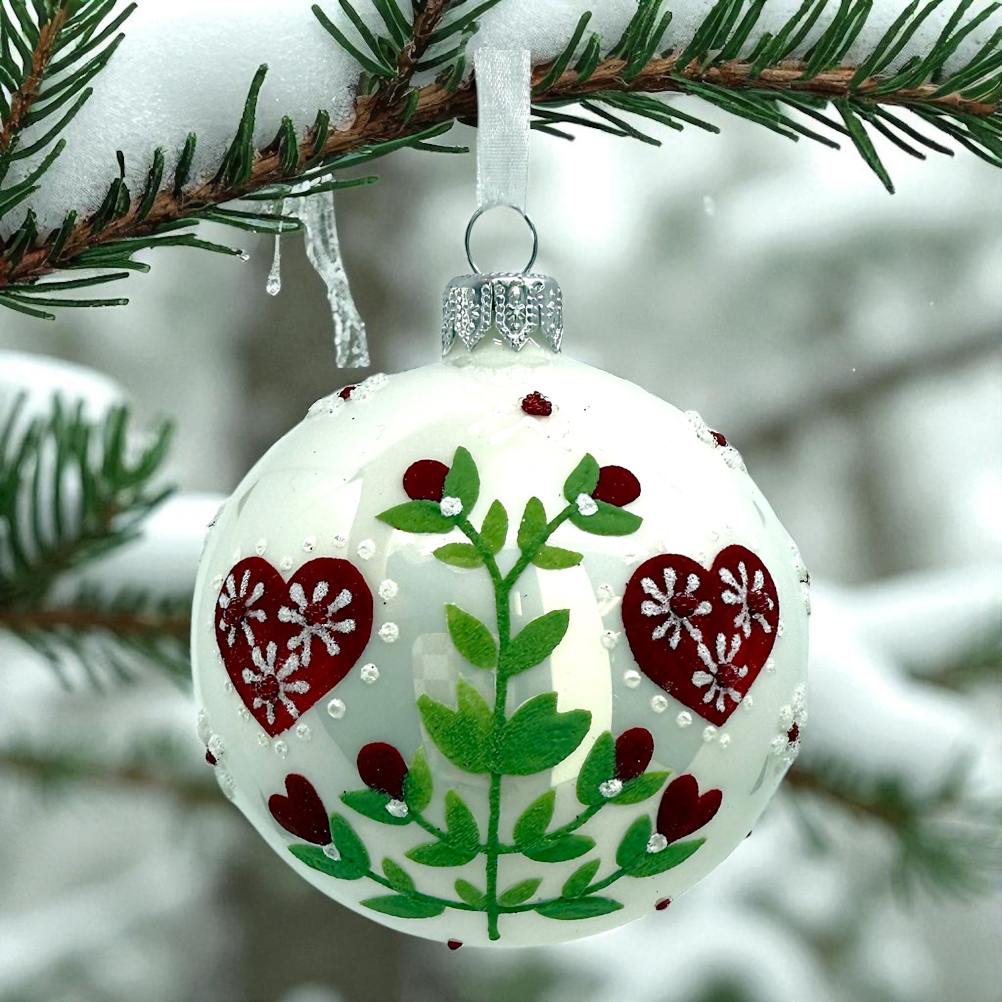 Heart Flowers Blown Glass Ornaments – Set of 2 European Mouth-Blown Folk Art Ball Holiday Christmas Tree Decoration, Red and White