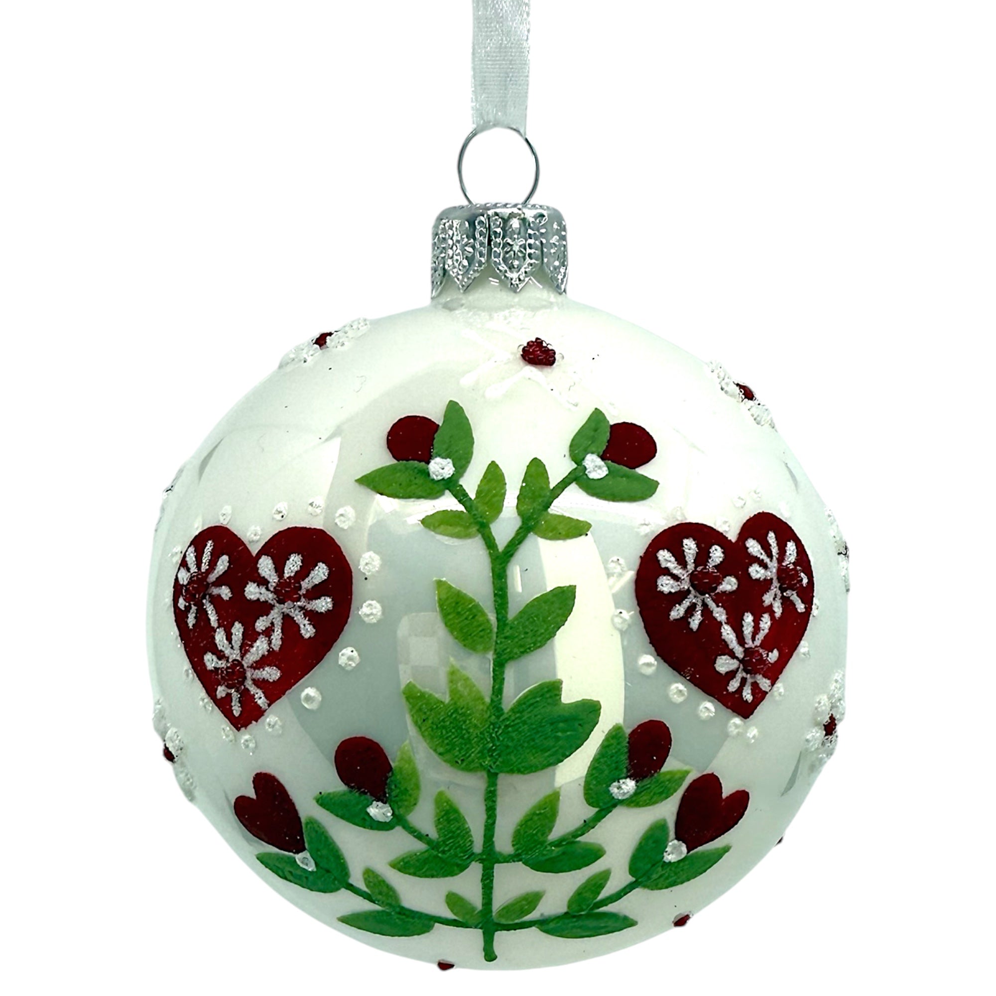 Heart Flowers Blown Glass Ornaments – Set of 2 European Mouth-Blown Folk Art Ball Holiday Christmas Tree Decoration, Red and White