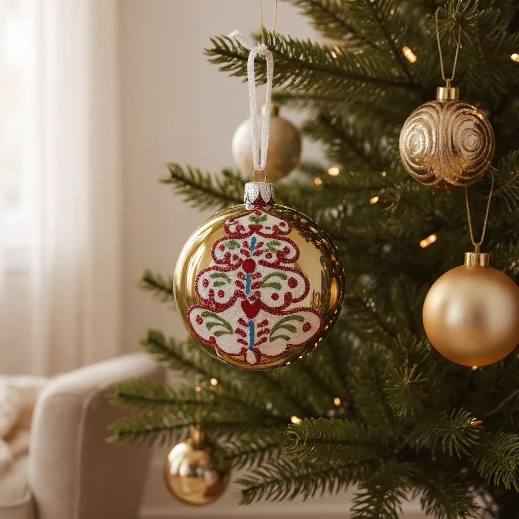 Folk Art Tree Glass Ornaments – Set of 2 European Mouth-Blown Bauble Ball Holiday Christmas Decoration, Gold, Blue