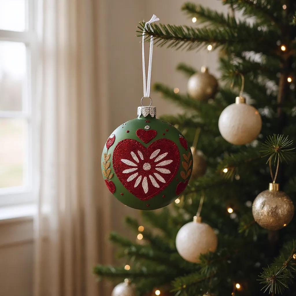 Folk Art Heart Ornaments – Set of 2 European Mouth-Blown Glass Ball Holiday Christmas Tree Decoration, Green and Red