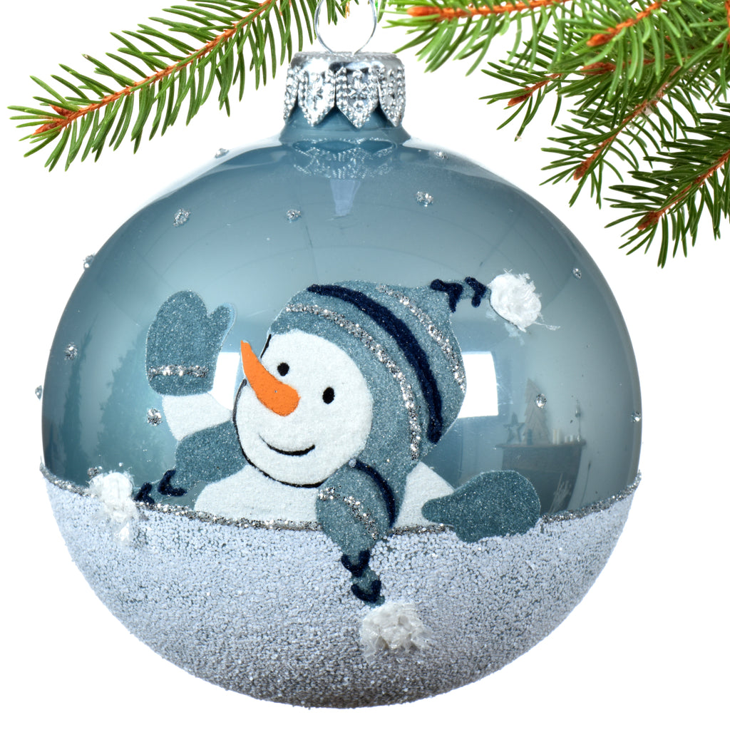 Snowmen Glass Ornaments - Set of 2 Blue European Glass Balls