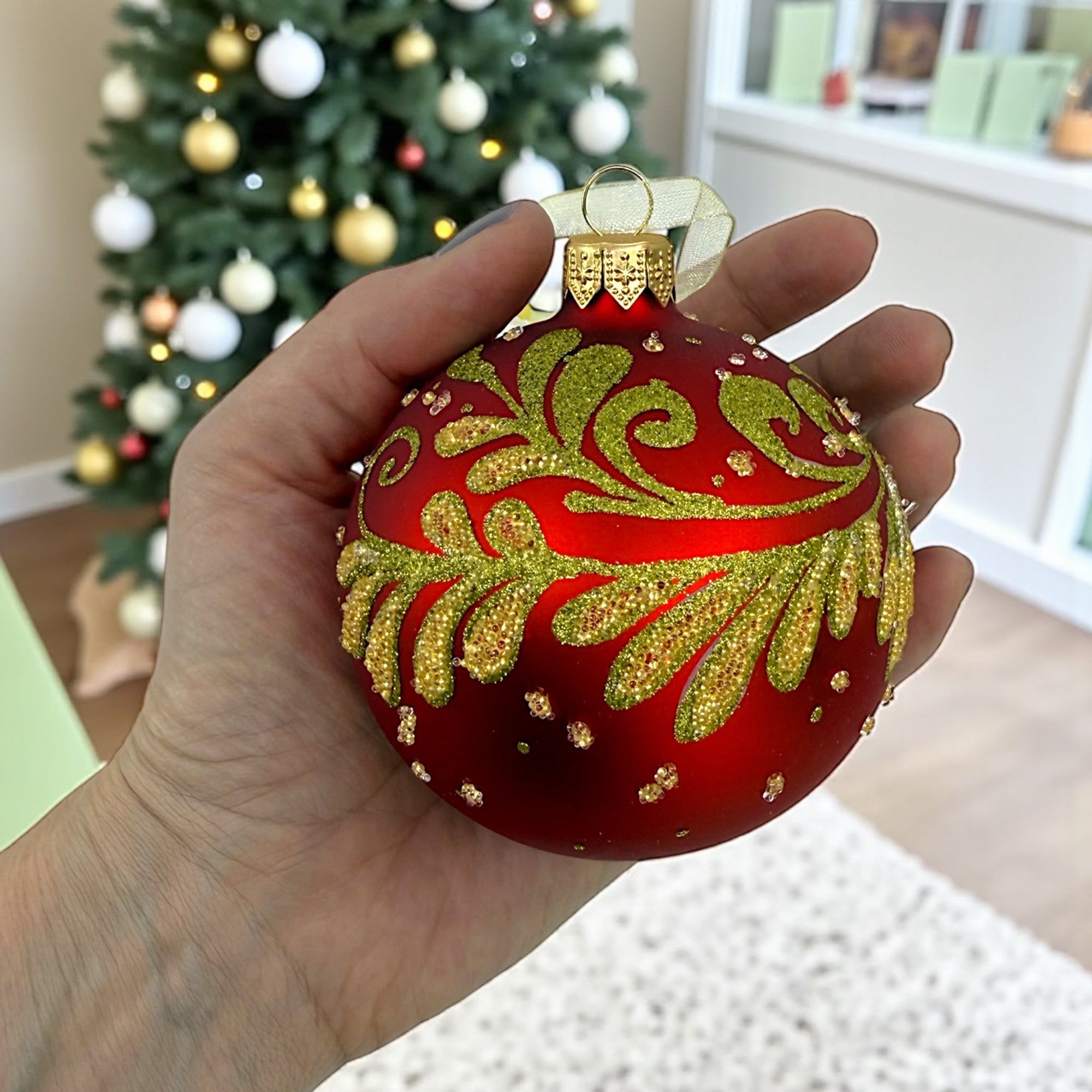 Swirl Blown Glass Ornament - European Mouth Blown Ball Holiday Christmas Tree Decoration, Red, Gold Leaves and Swirl Design