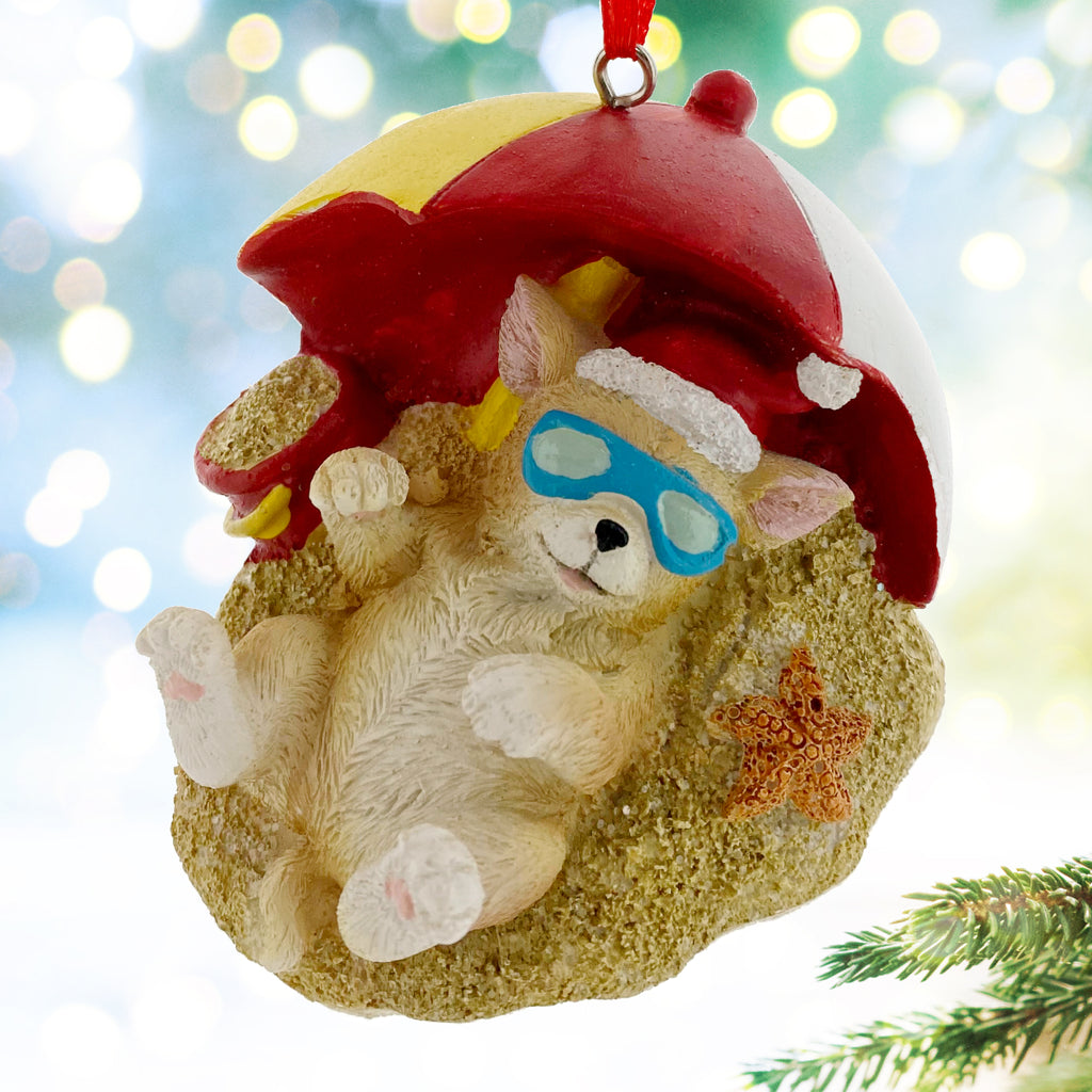 Beach Dog Ornaments -Pool and Sand Vacation Puppy Christmas Tree Decorations, Set of 2