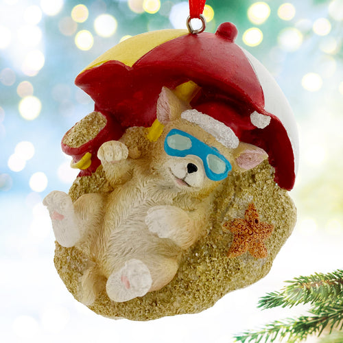 Beach Dog Ornaments -Pool and Sand Vacation Puppy Christmas Tree Decorations, Set of 2