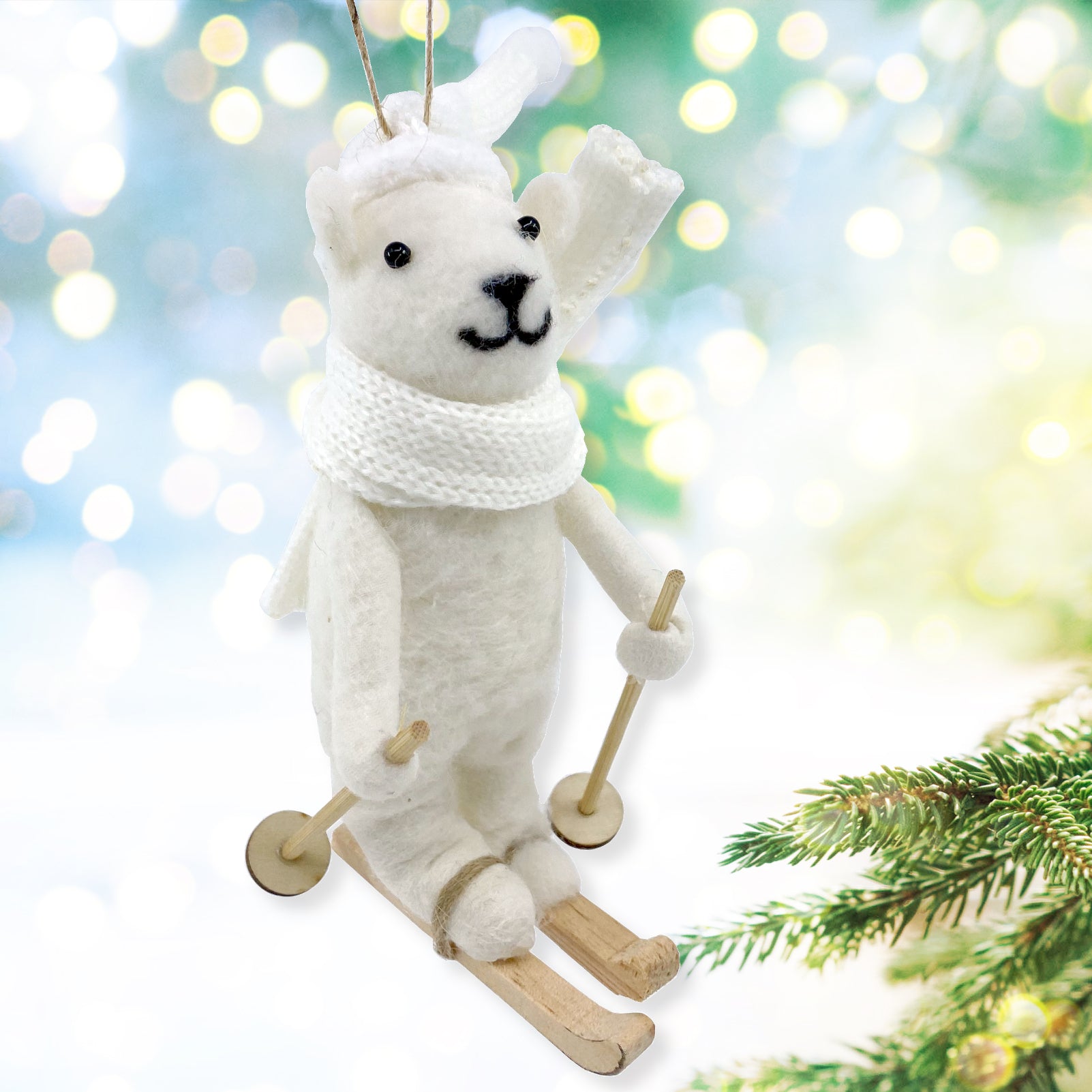 Skiing Polar Bear Ornament - Wool Bear with Skis Decoration for Christmas Tree