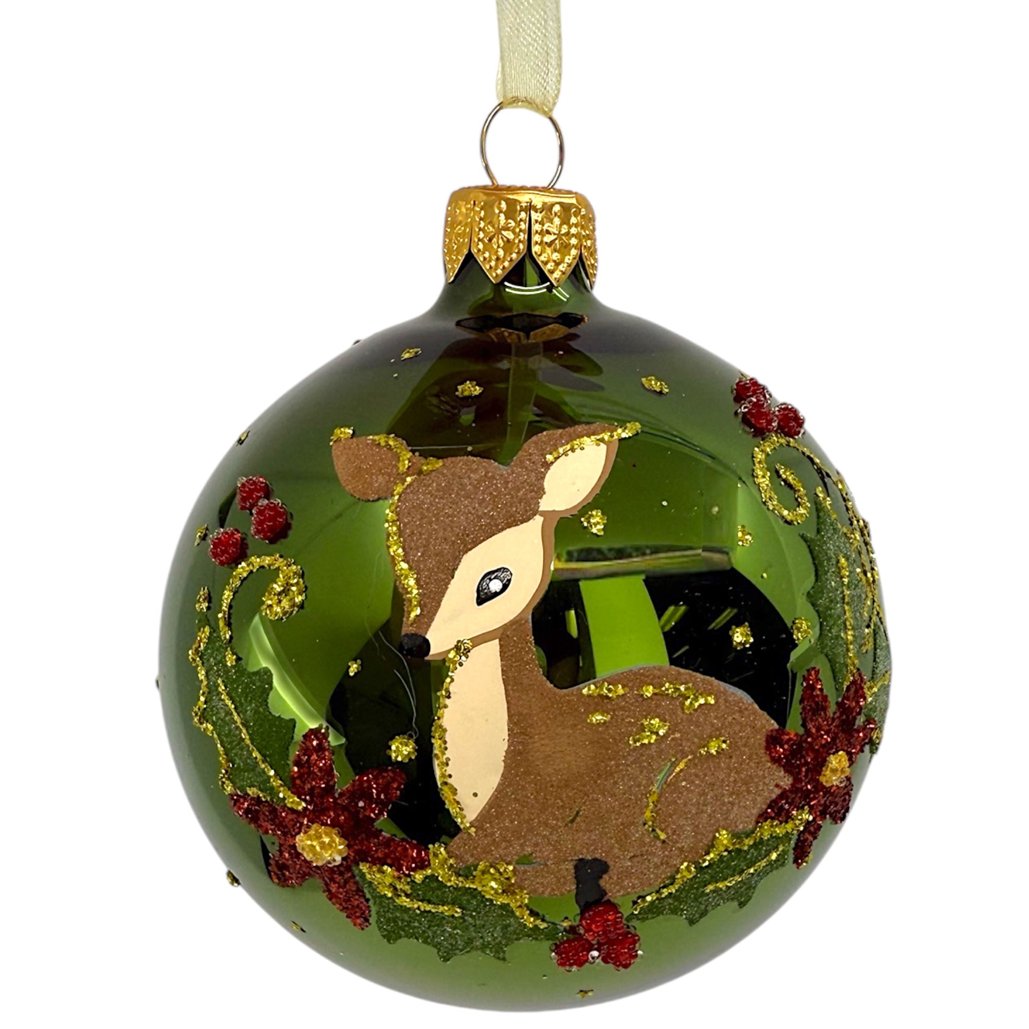 Fawn Holly and Berries Blown Glass Ornaments – Set of 2 European Mouth-Blown Baby Deer Ball Holiday Christmas Tree Decoration, Red and Green