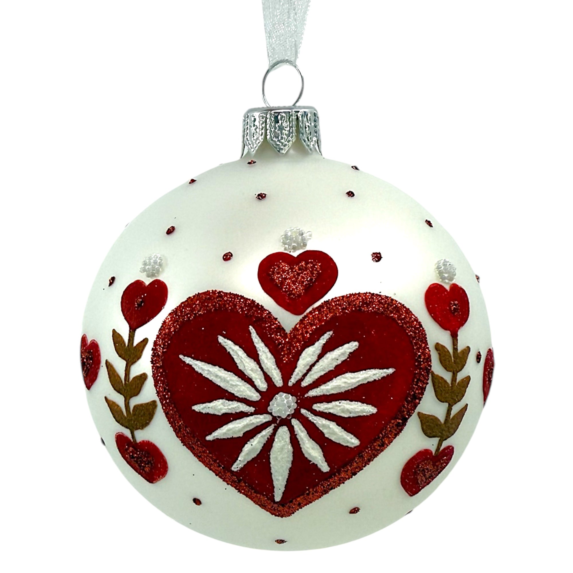Heart Blown Glass Ornament - European Mouth Blown Ball Holiday Christmas Tree Decoration, Folk Art Design, Red and White