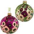 Poppy Glass Ornaments – Set of 2 European Mouth-Blown Glass Ball Holiday Christmas Tree Decoration Flowers, Pink and Green Floral