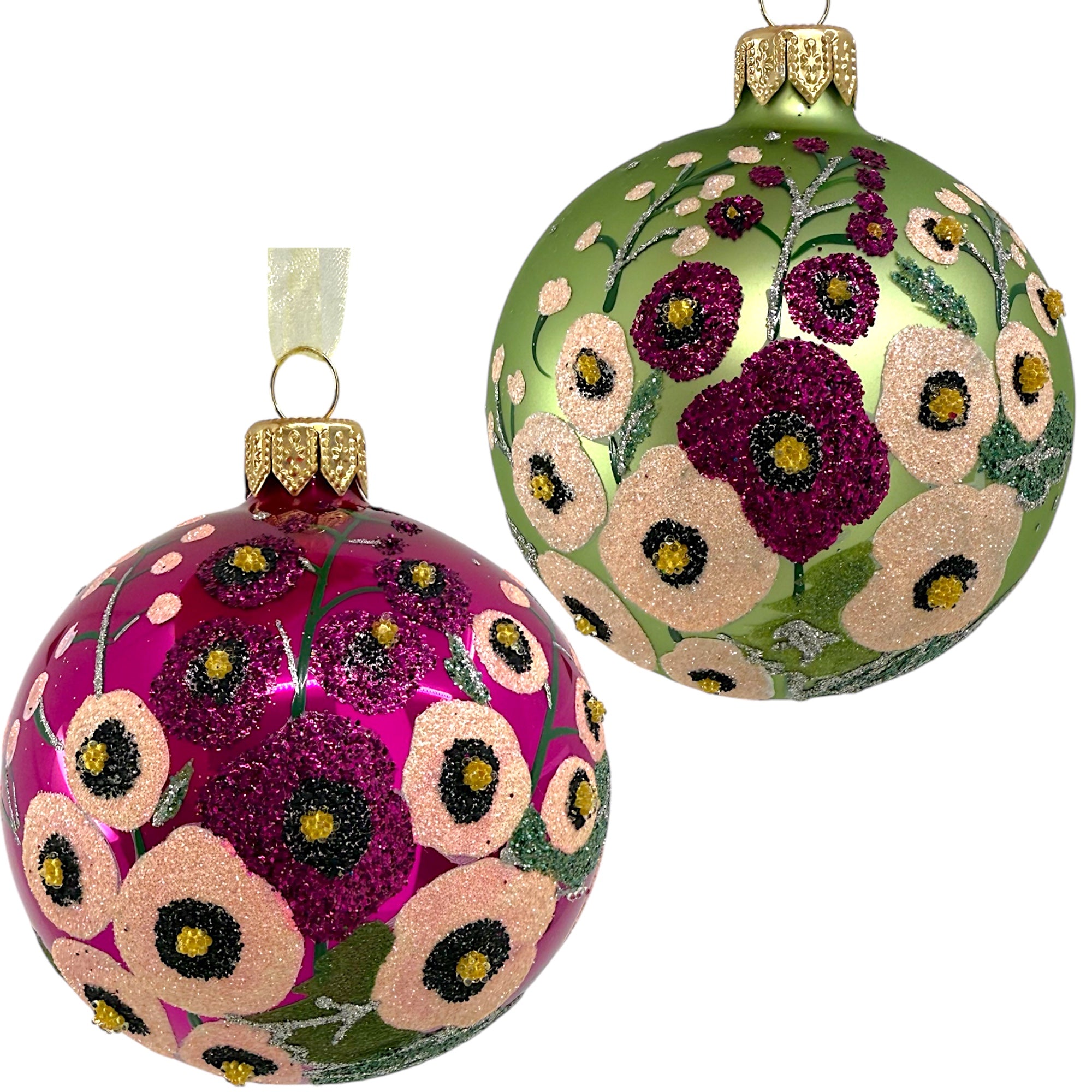 Poppy Glass Ornaments – Set of 2 European Mouth-Blown Glass Ball Holiday Christmas Tree Decoration Flowers, Pink and Green Floral