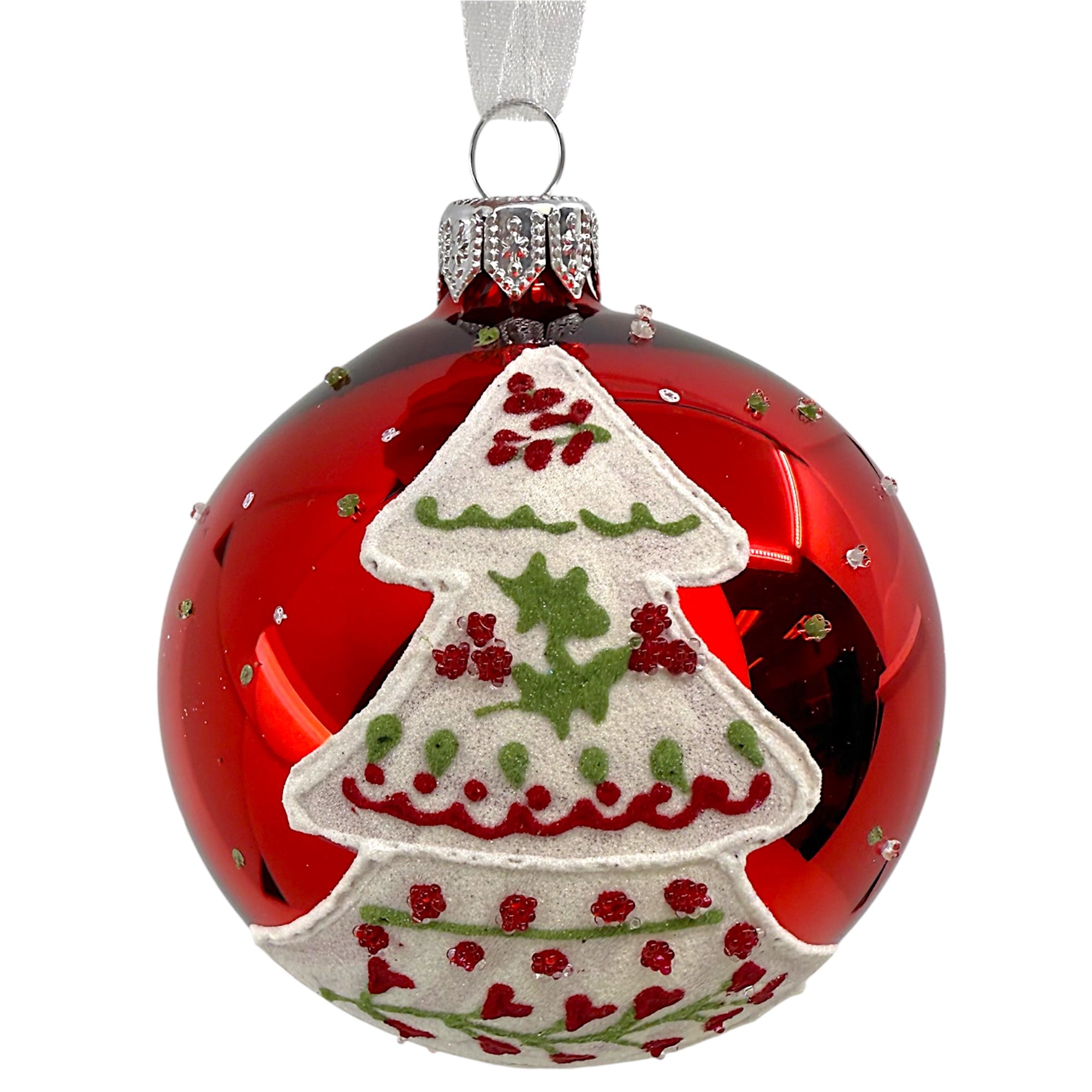 Folk Art Blown Glass Ornaments – Set of 2 European Bauble Ball Holiday Christmas Tree Decoration, Red and White