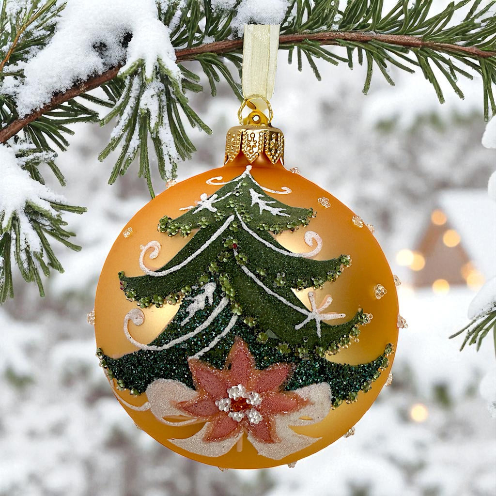 Pine Tree Blown Glass Ornaments - Set of 2 European Mouth-Blown Bauble Ball Holiday Christmas Tree Decorations, Green and Gold