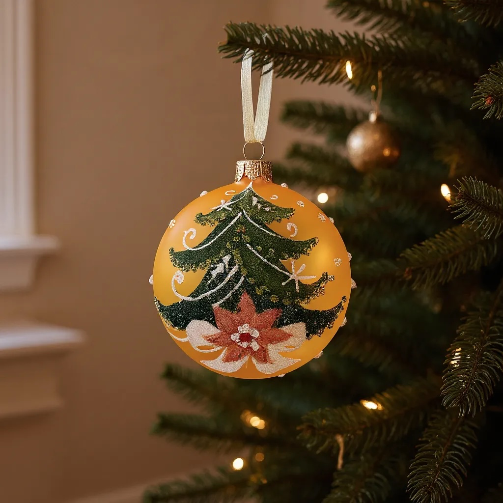 Pine Tree Blown Glass Ornaments - Set of 2 European Mouth-Blown Bauble Ball Holiday Christmas Tree Decorations, Green and Gold