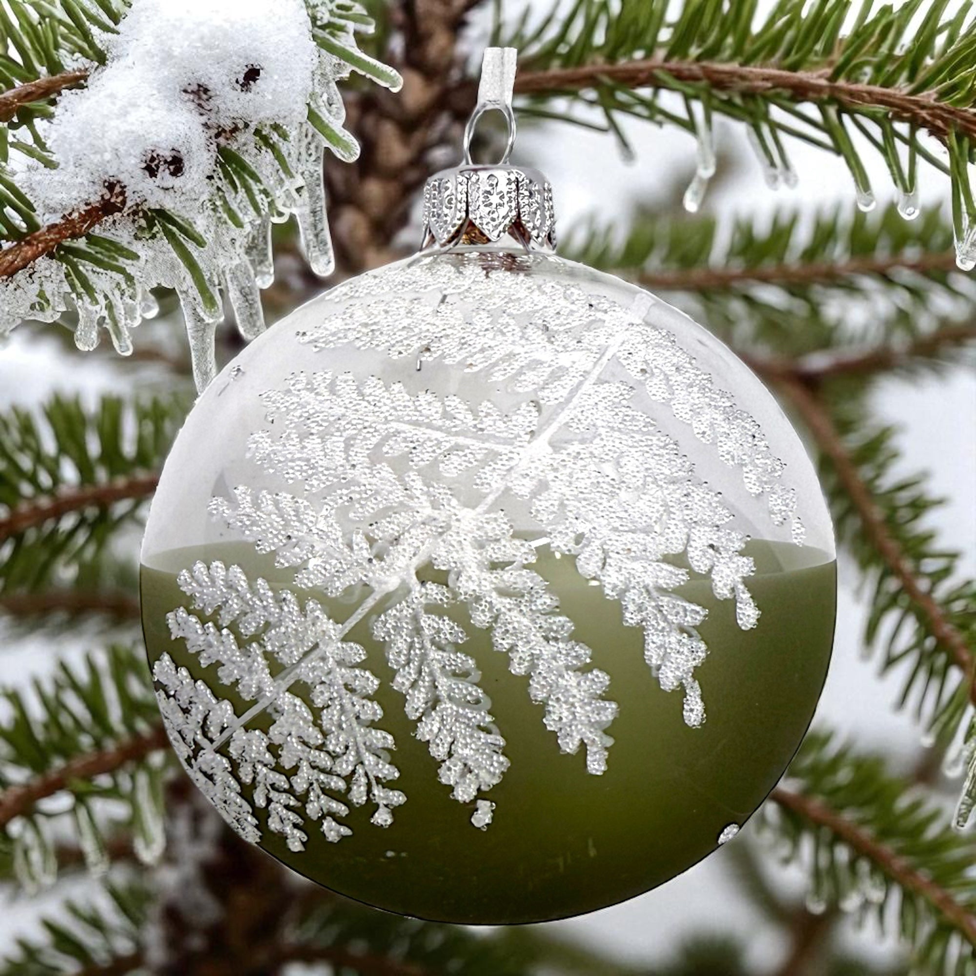 Fern Blown Glass Ornaments – Set of 2 European Baubles Balls Holiday Christmas Tree Decorations, Sage Green and Clear